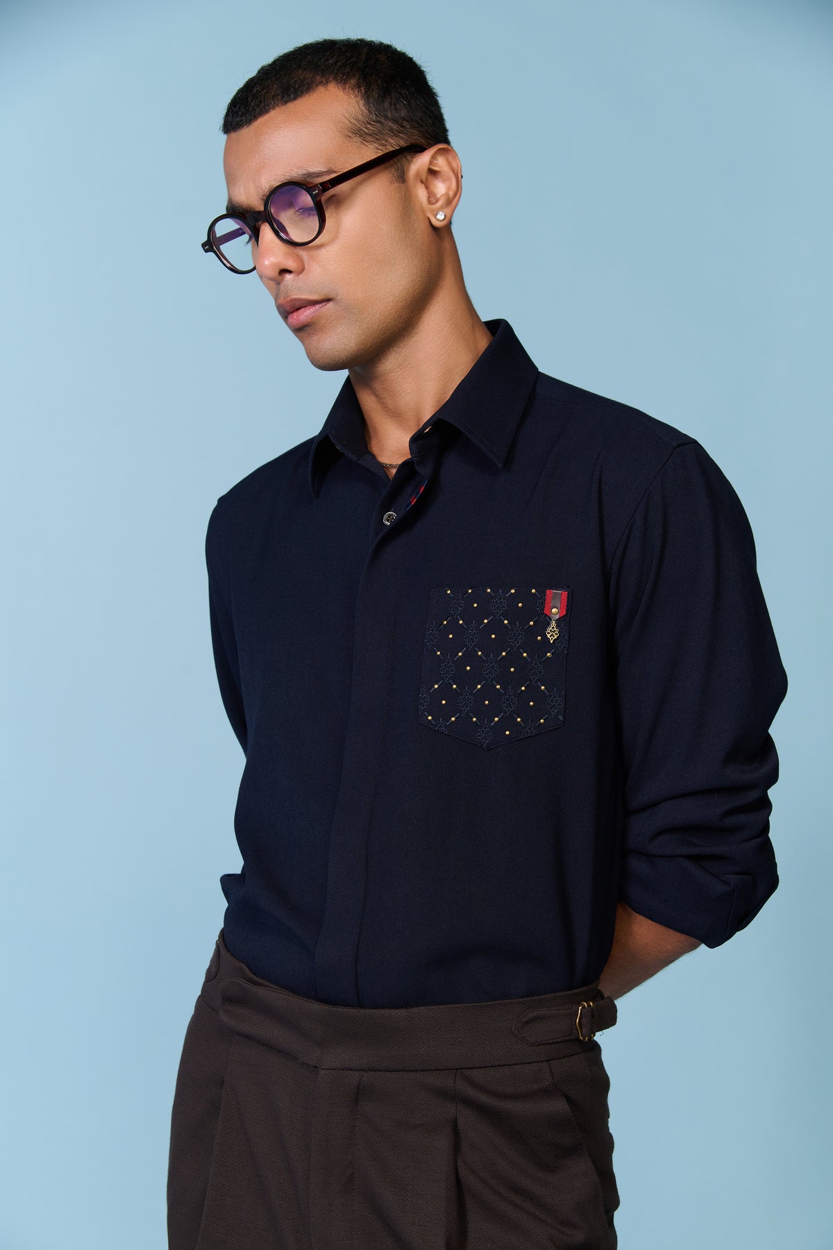 Navy Shirt with Rivet Patch Pocket