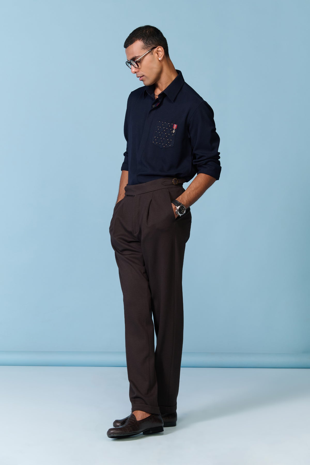 Navy Shirt with Rivet Patch Pocket