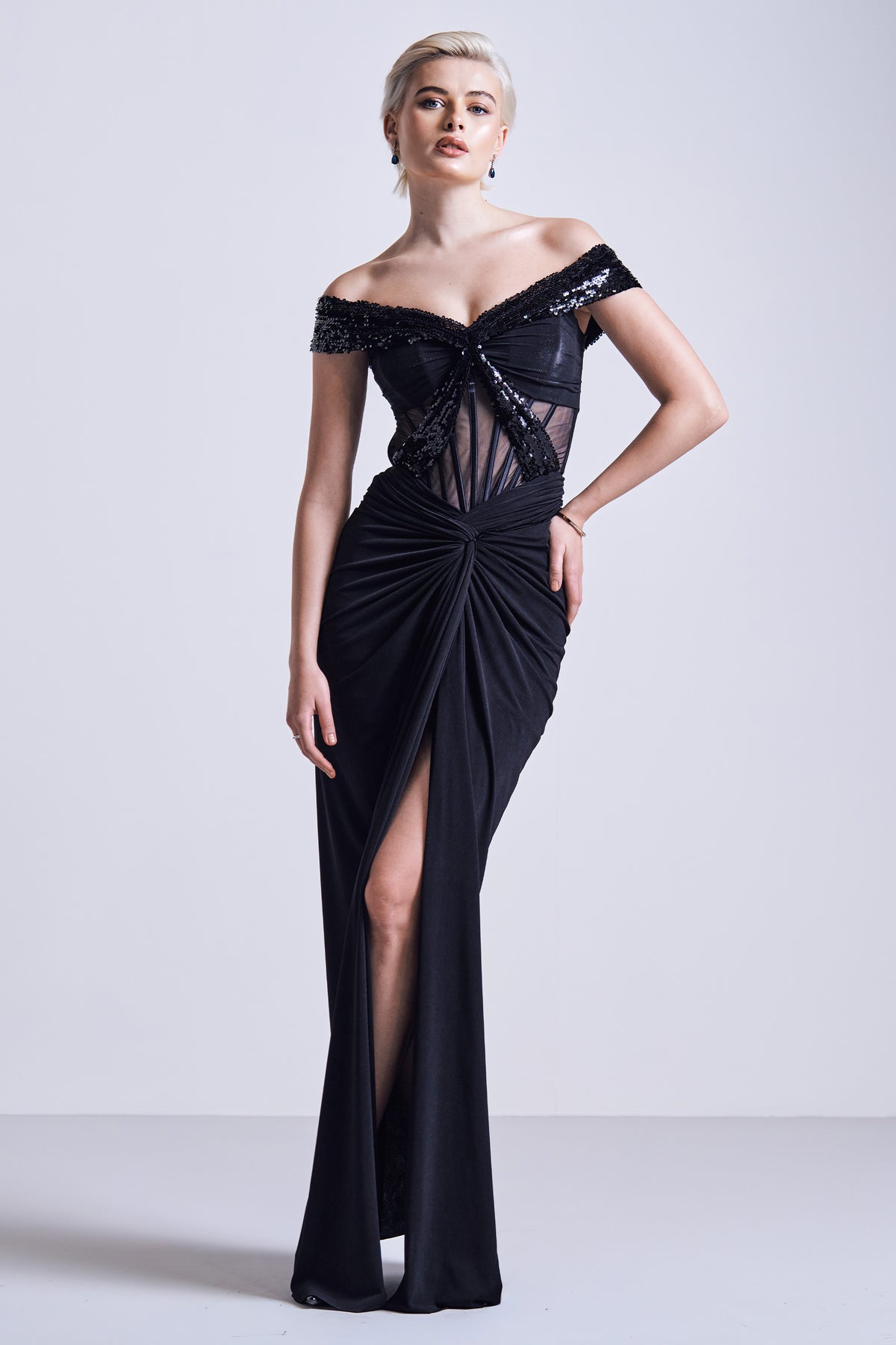 Black Off-Shoulder Sequin Gown