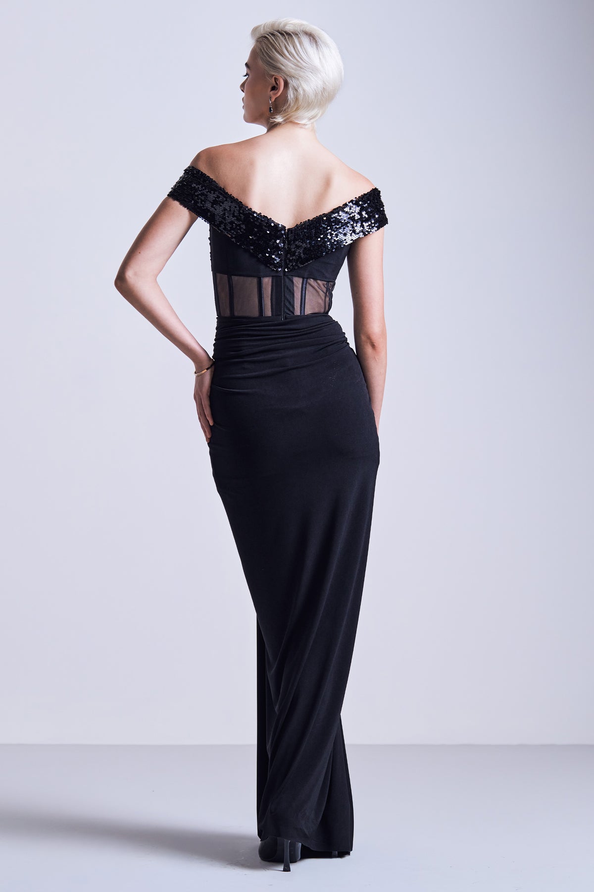 Black Off-Shoulder Sequin Gown