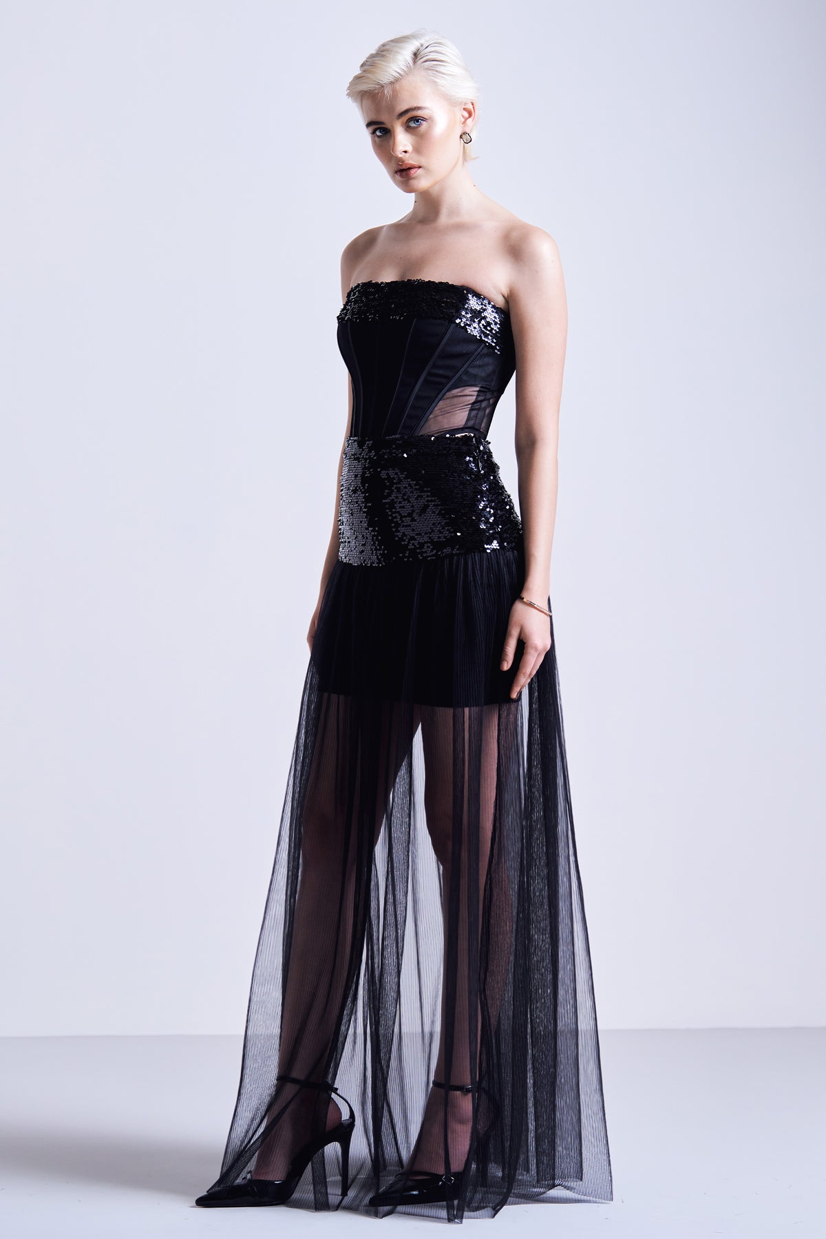 Black Sequined Yoke Mesh Skirt