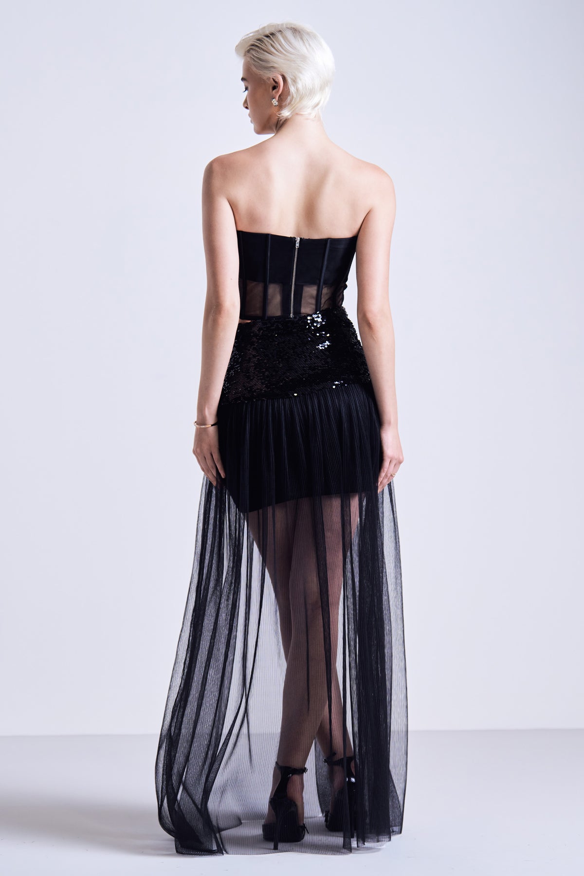 Black Sequined Yoke Mesh Skirt