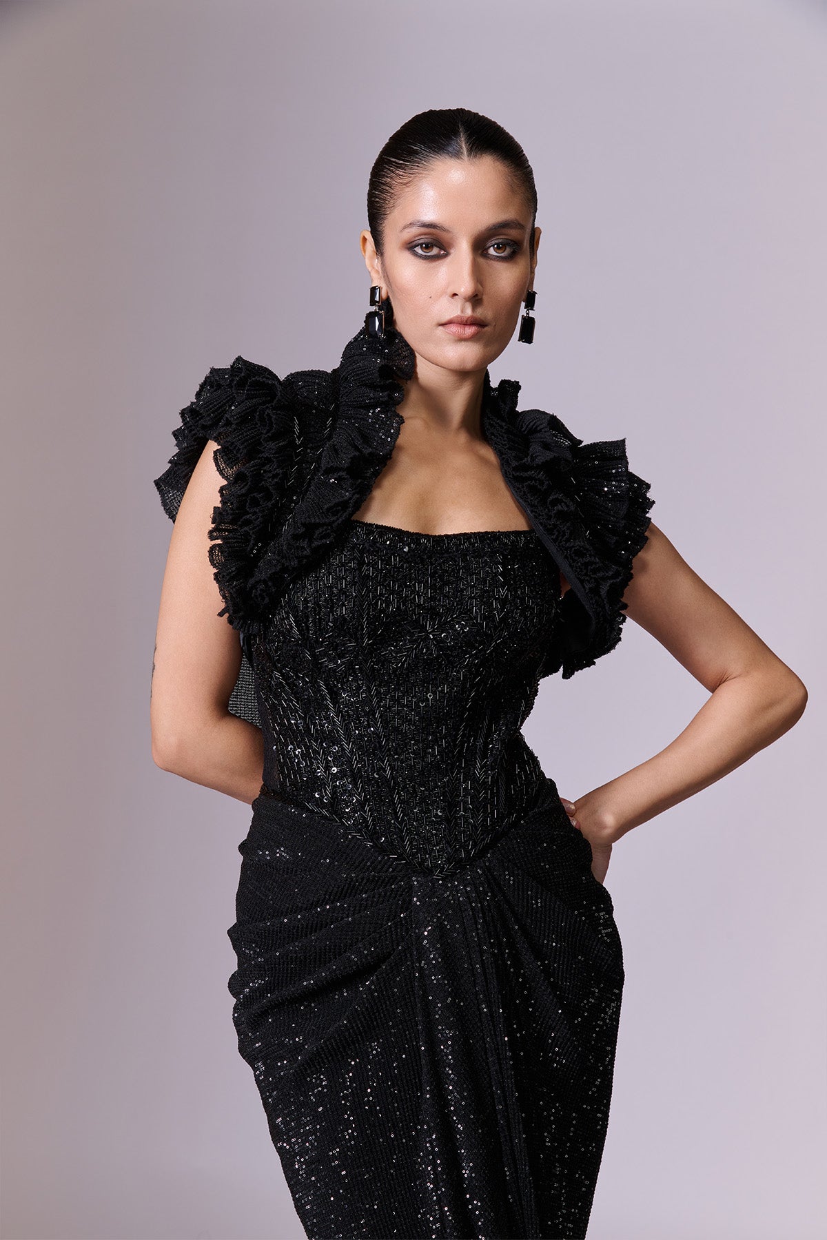 Black Sequin Gown with Ruffle Cape