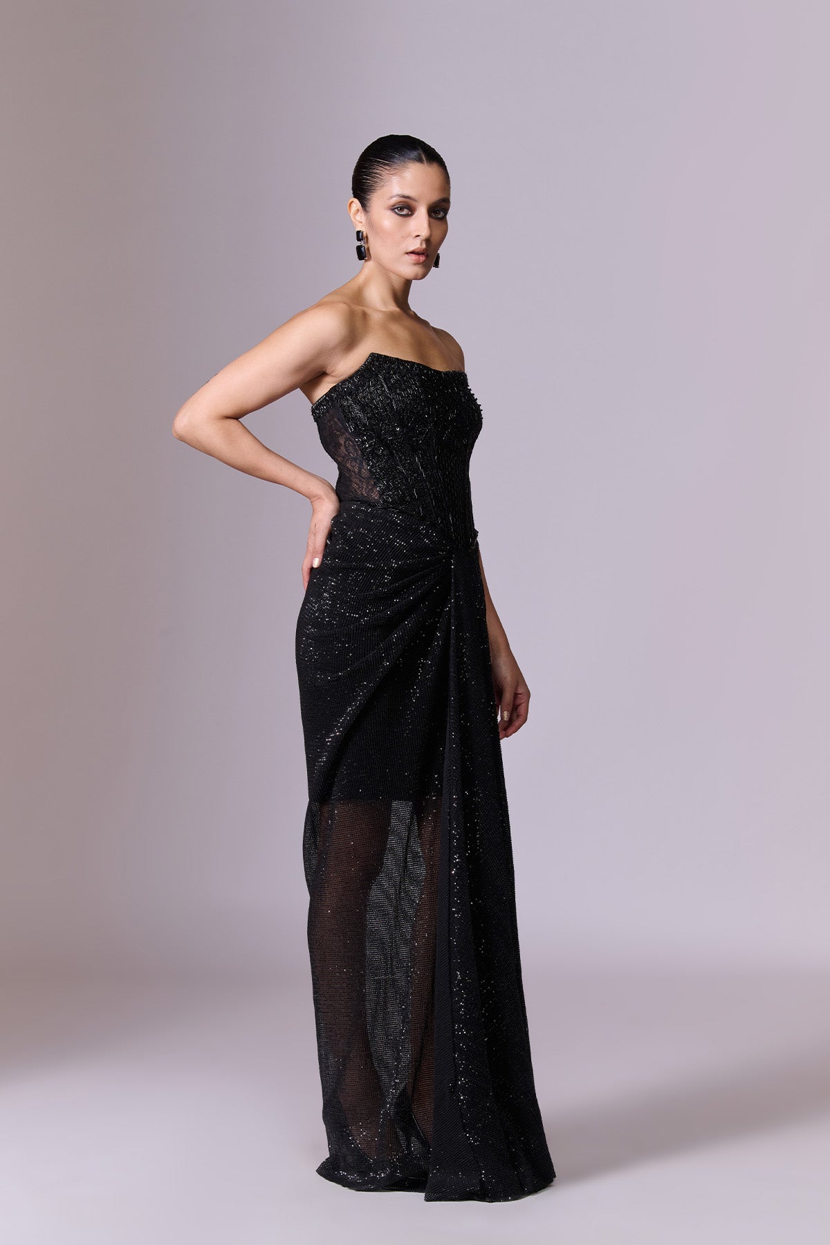 Black Sequin Gown with Ruffle Cape