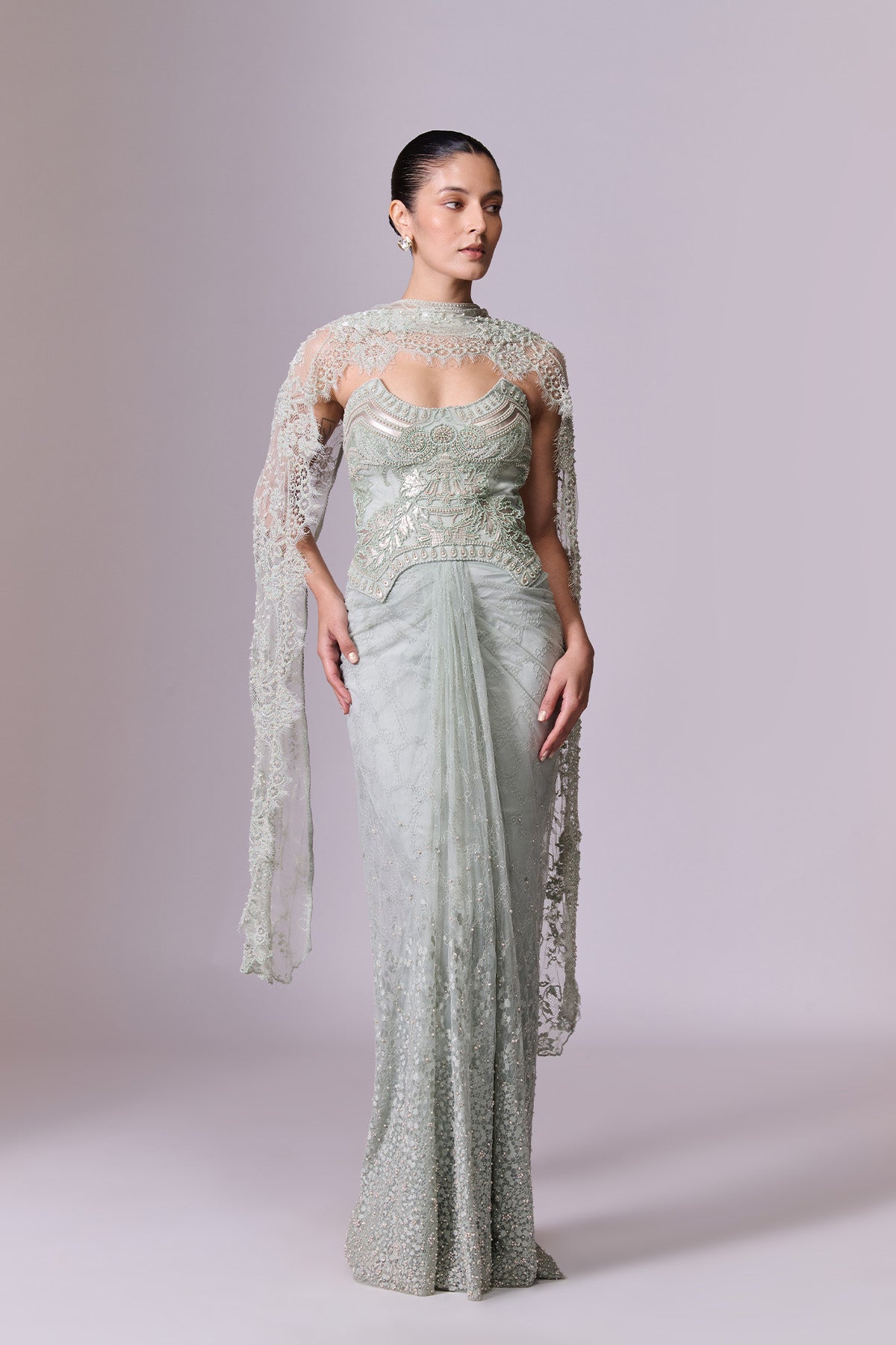 Mint Draped Corset Gown with Cape