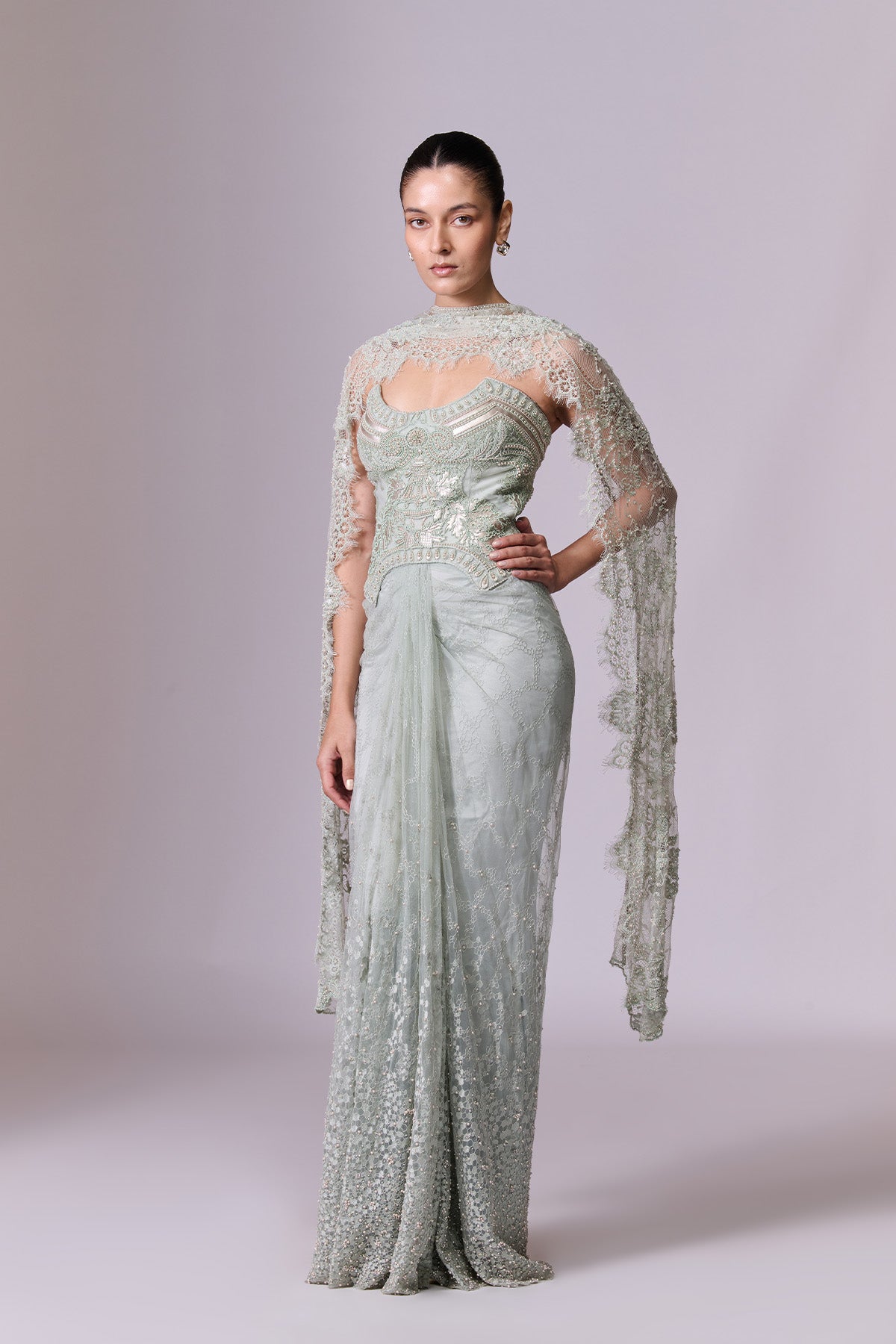 Mint Draped Corset Gown with Cape