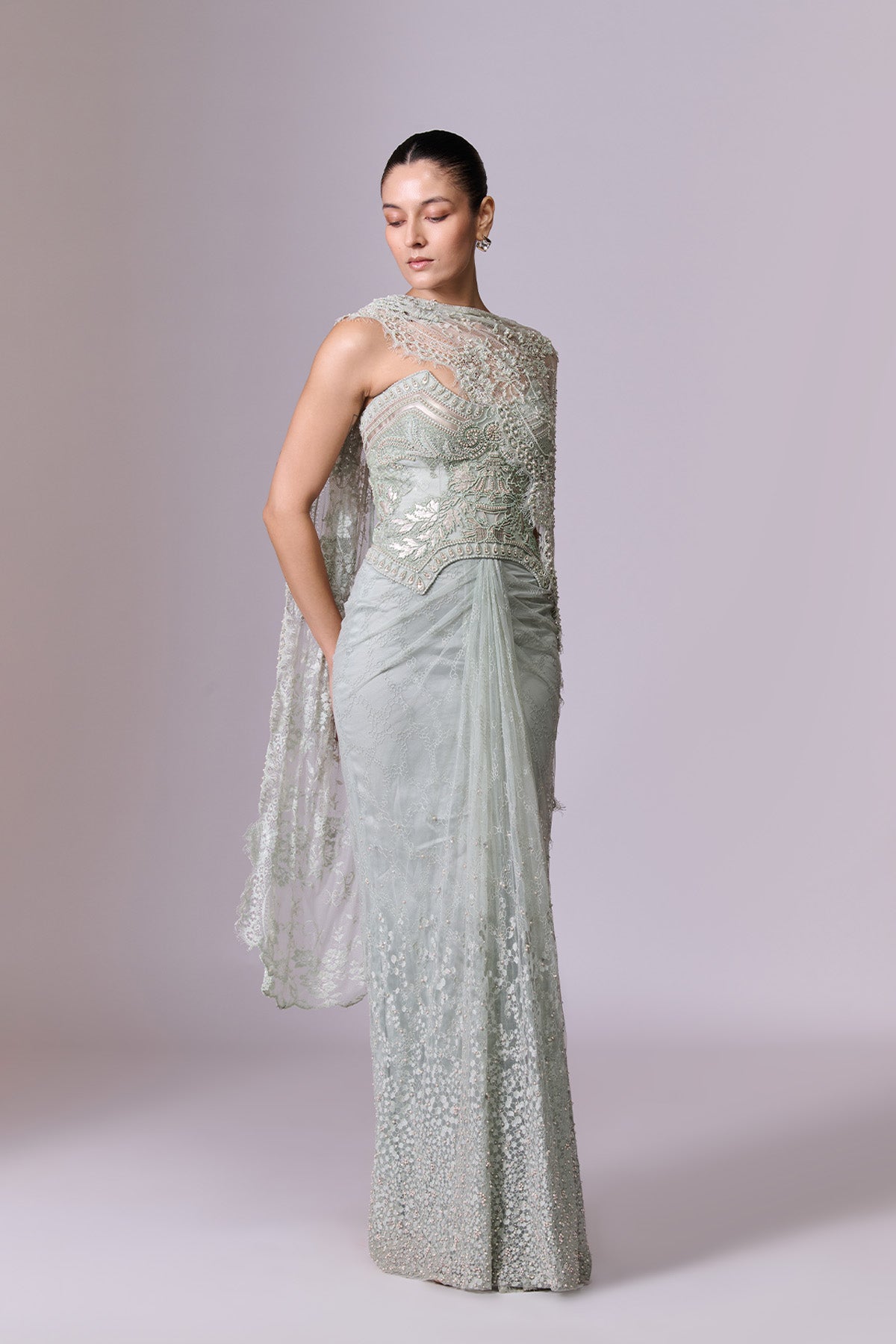 Mint Draped Corset Gown with Cape