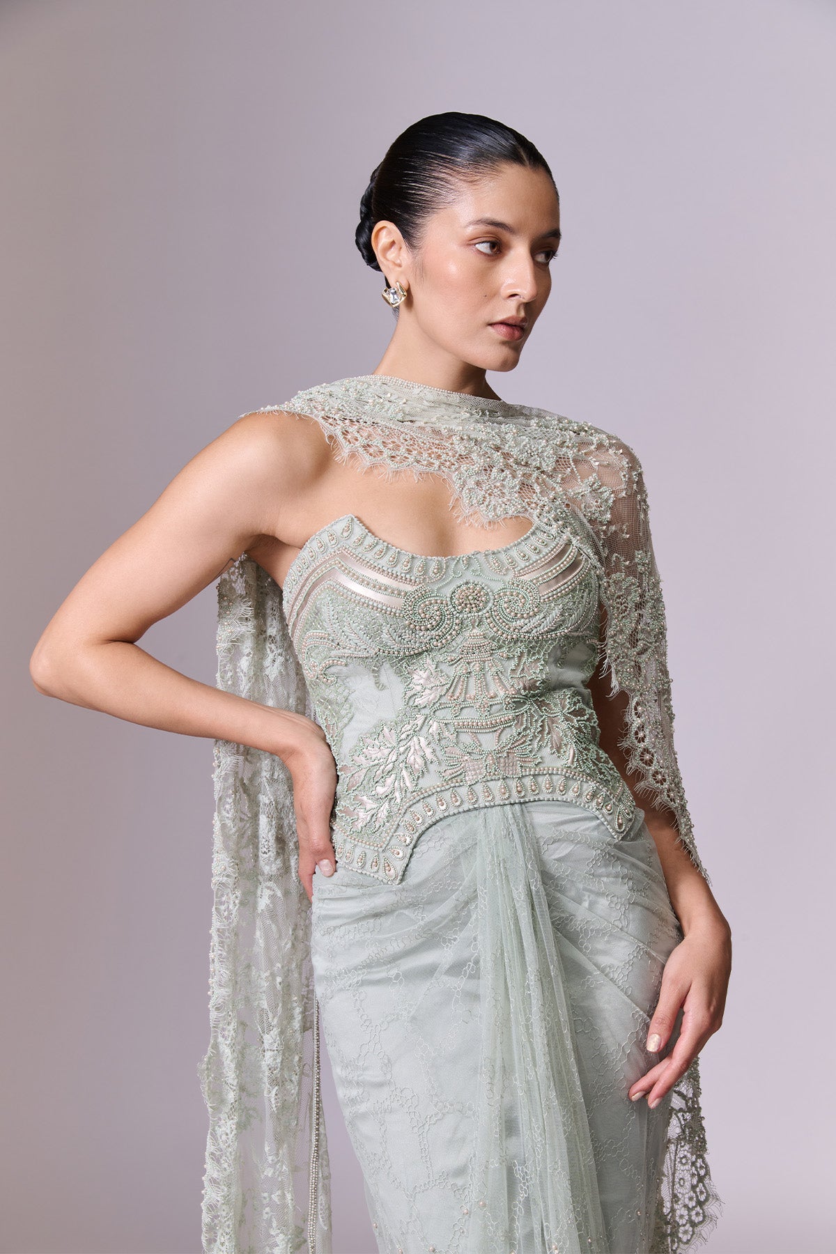 Mint Draped Corset Gown with Cape