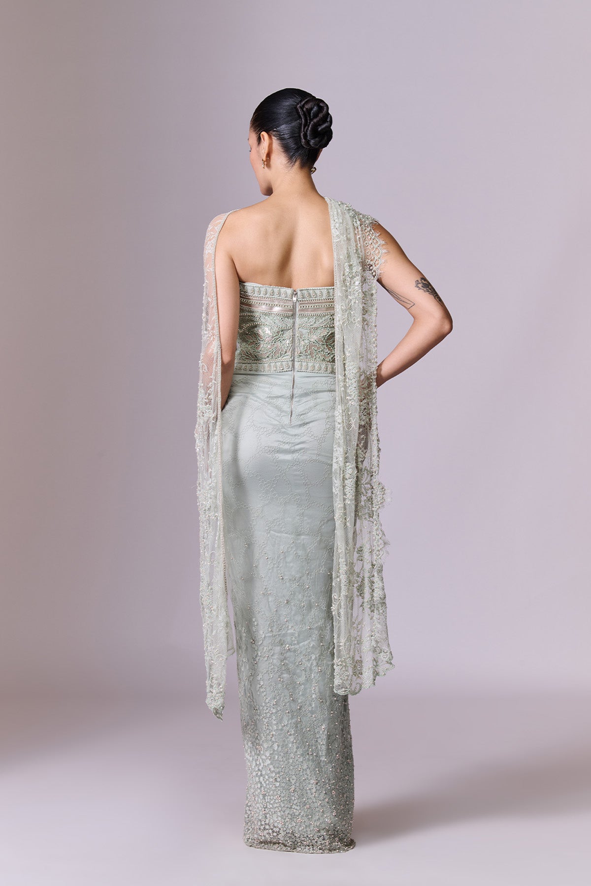 Mint Draped Corset Gown with Cape