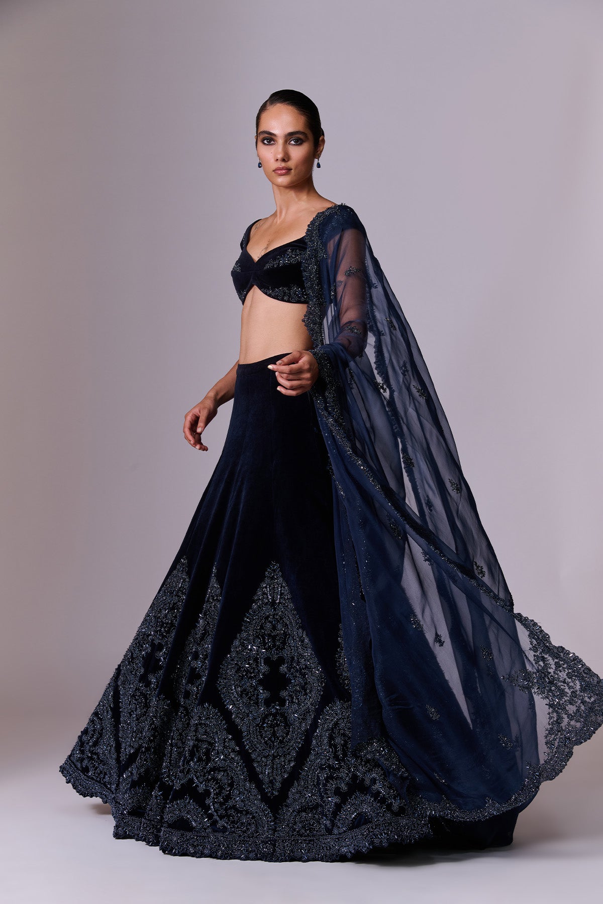 Midnight Navy Velvet Lehenga Set