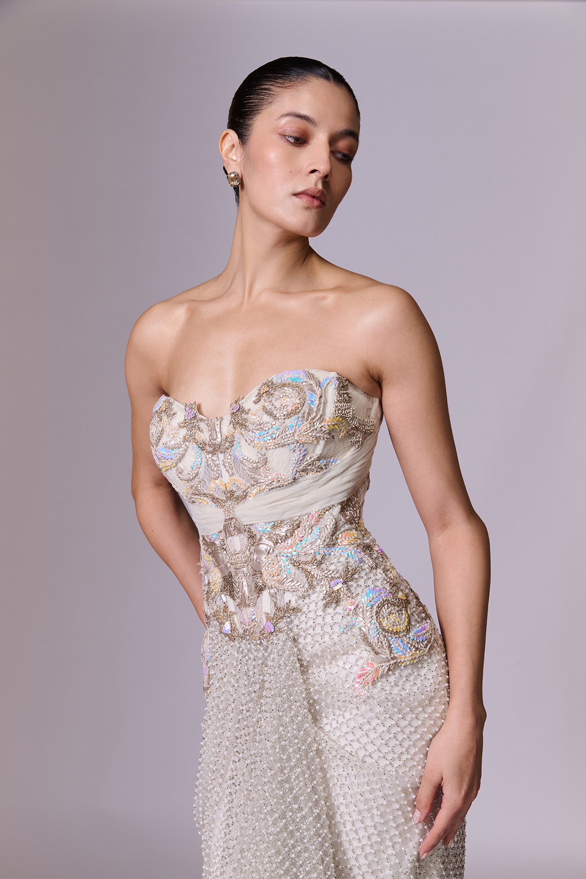 Pearl Embellished Saree Gown with Ruffle Cape