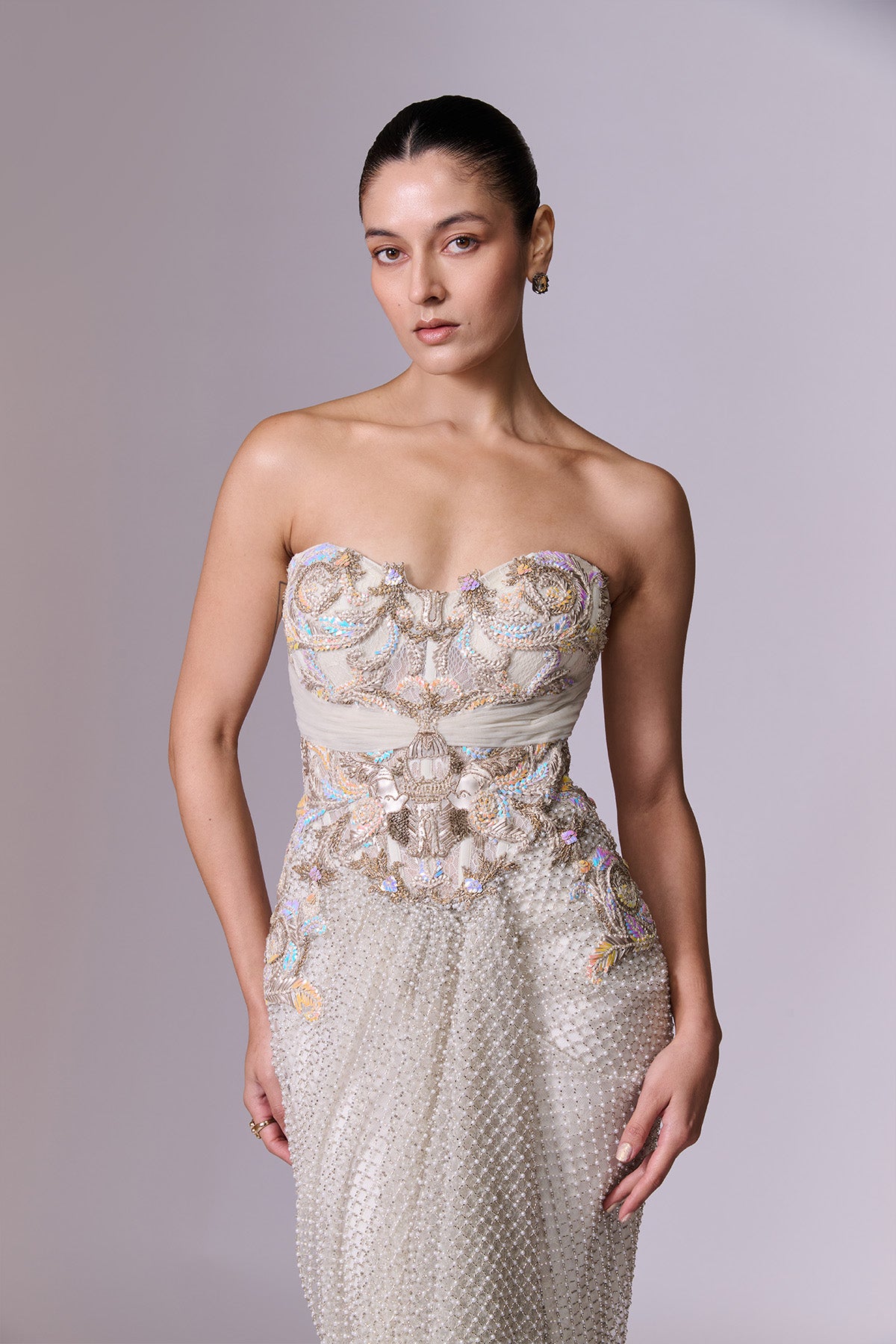 Pearl Embellished Saree Gown with Ruffle Cape