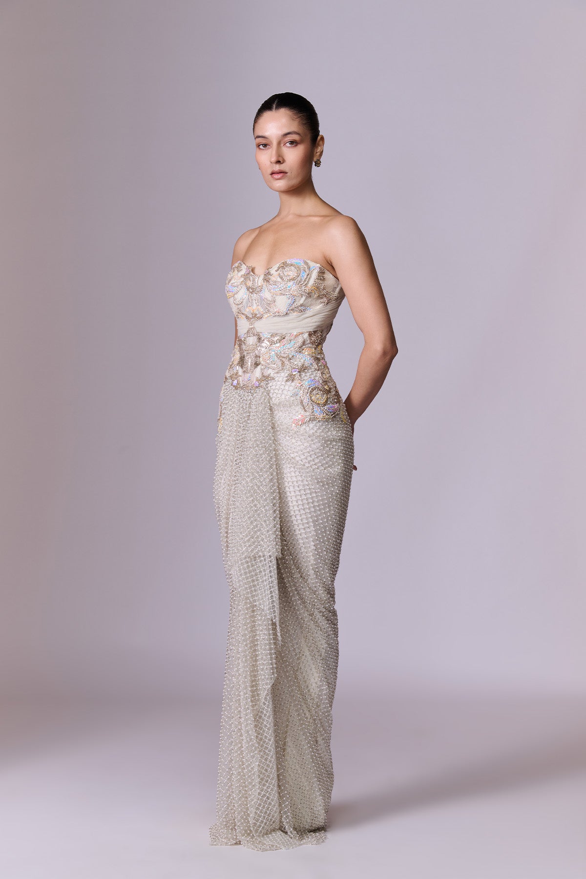 Pearl Embellished Saree Gown with Ruffle Cape