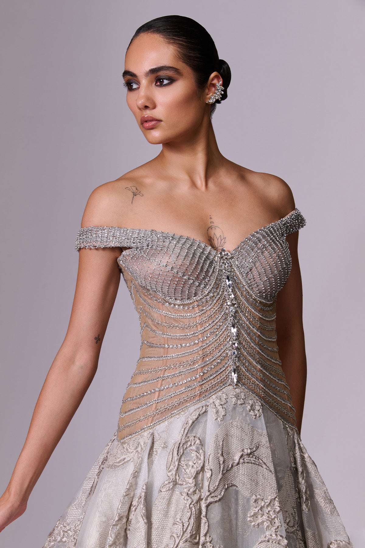 Silver-Grey Sculpted Brocade Gown