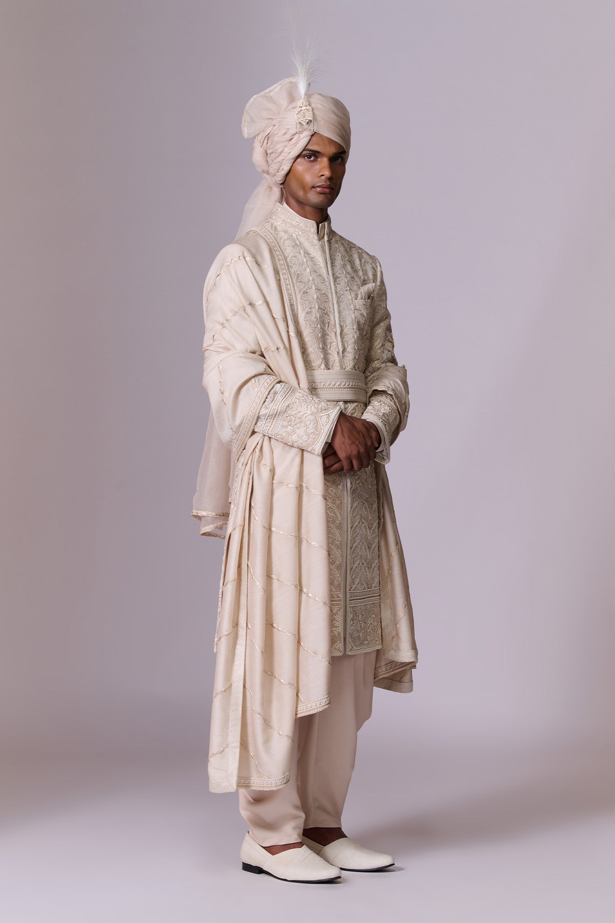 Ivory Sherwani Set with Layered Drape