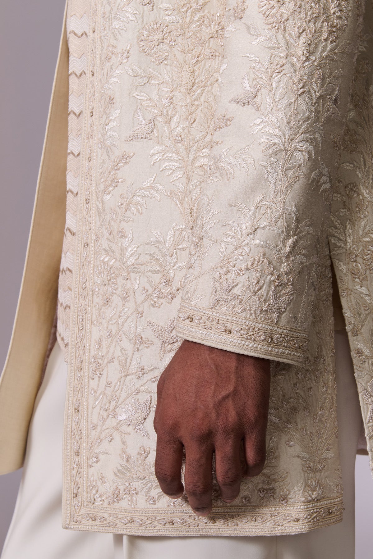 Beige Textured Bandhgala Set