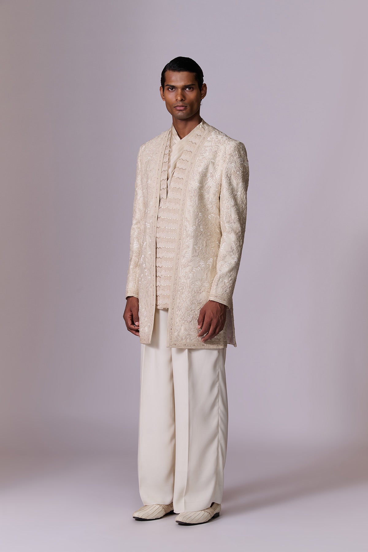 Beige Textured Bandhgala Set