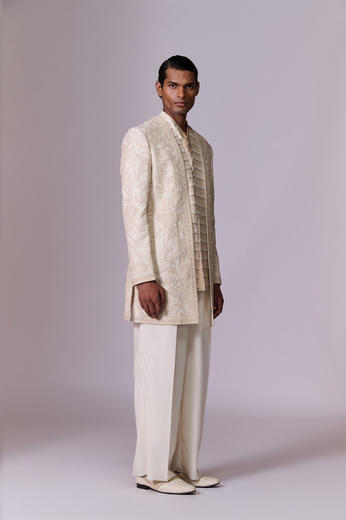 Beige Textured Bandhgala Set