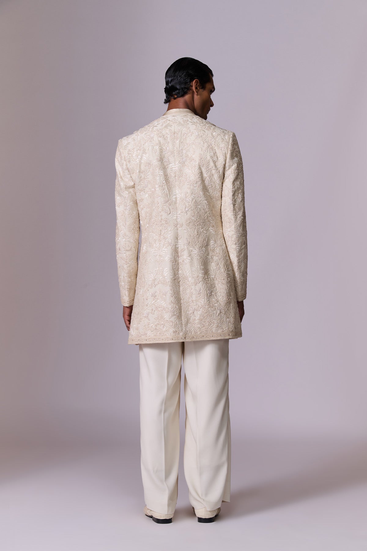 Beige Textured Bandhgala Set