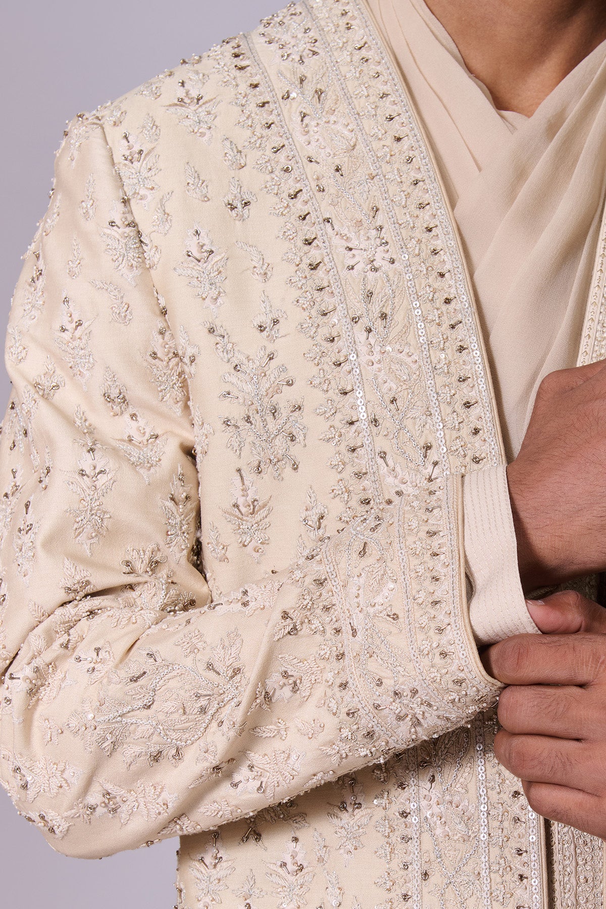 Beige Draped Bandhgala Set