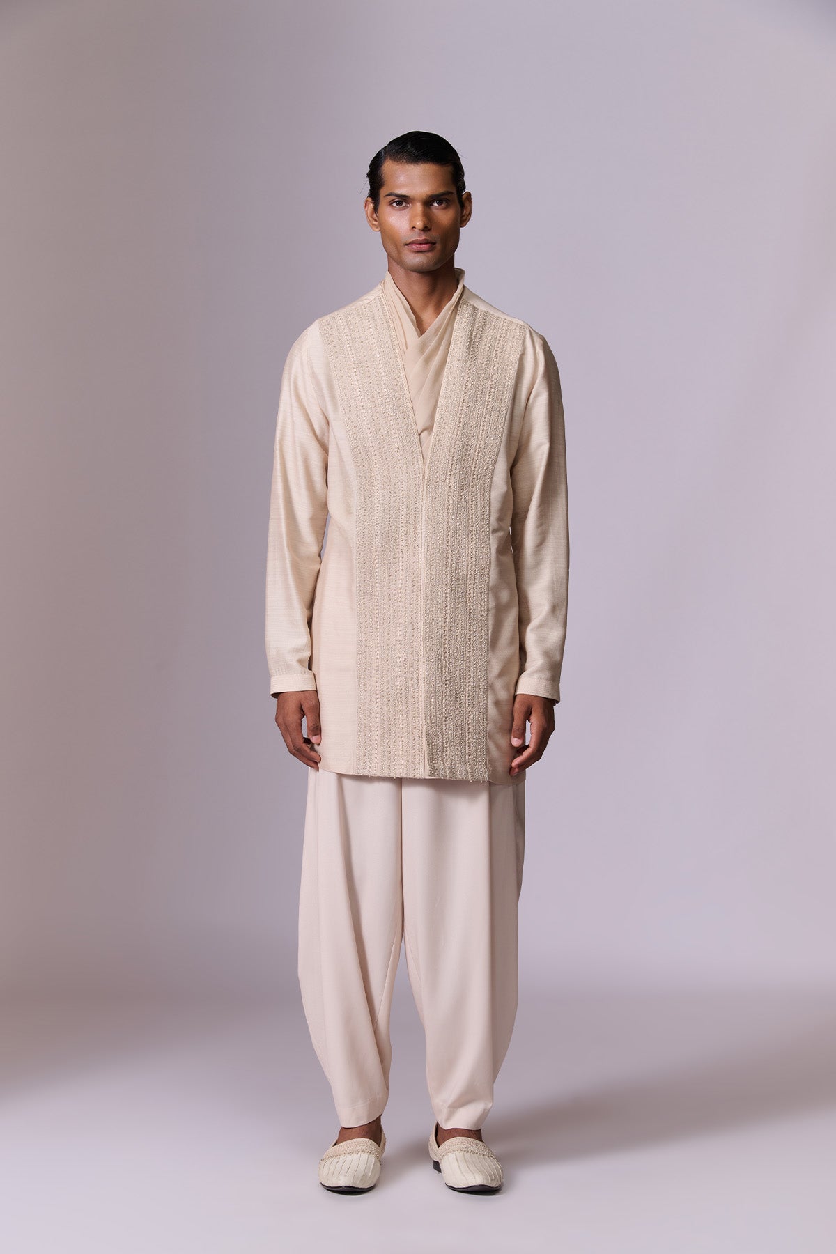 Beige Draped Bandhgala Set