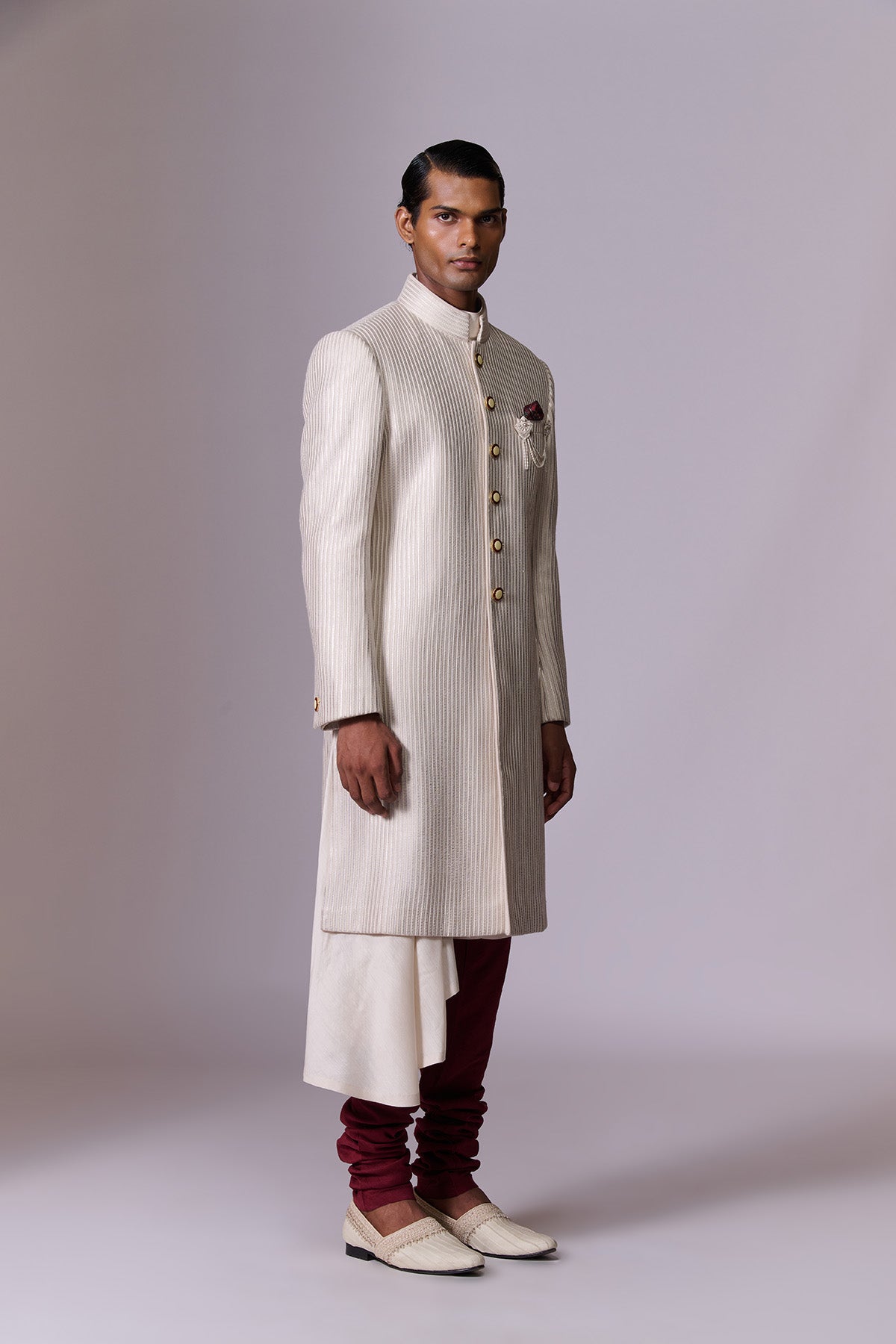 White Opal Leather Stripe Sherwani Set