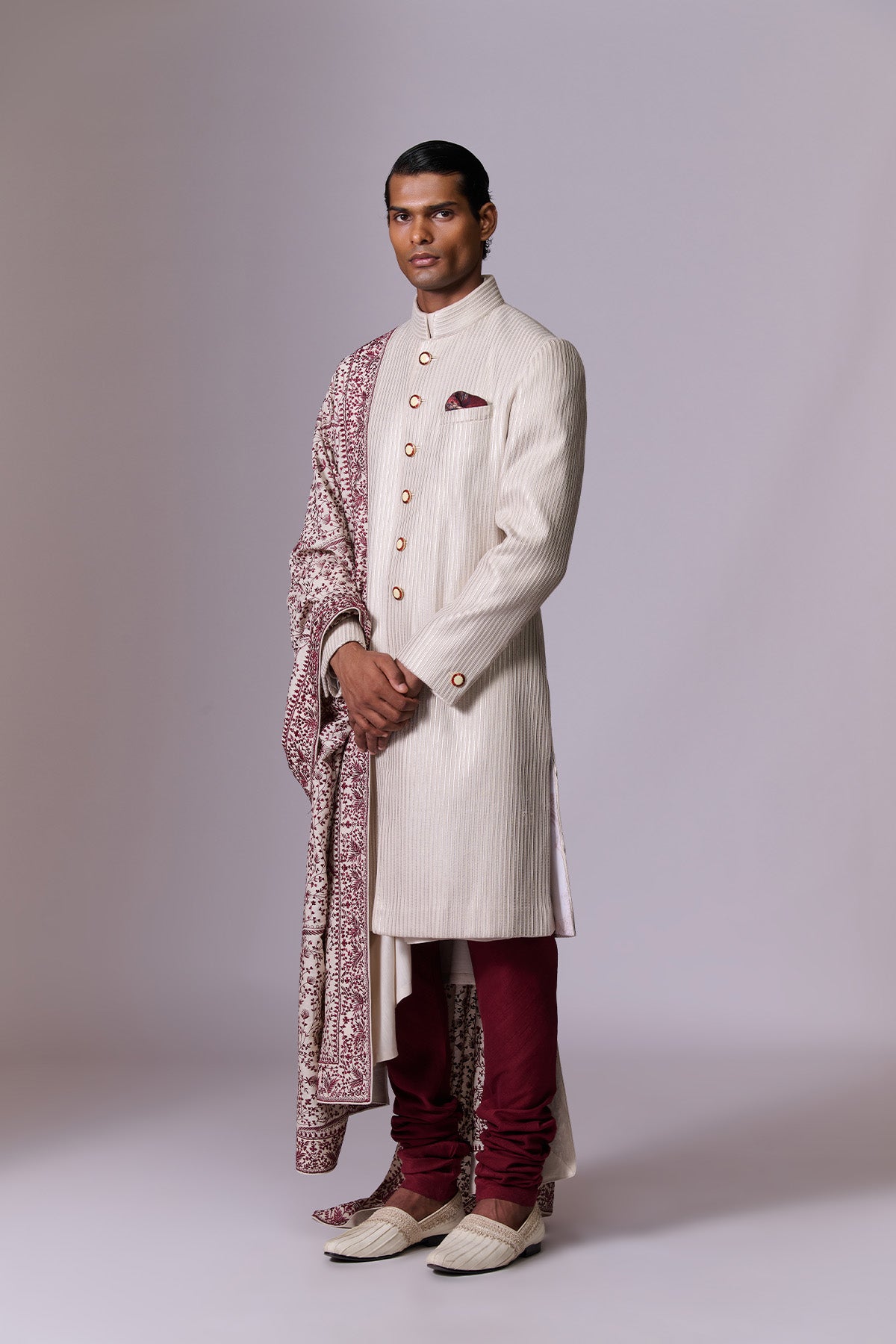 White Opal Leather Stripe Sherwani Set
