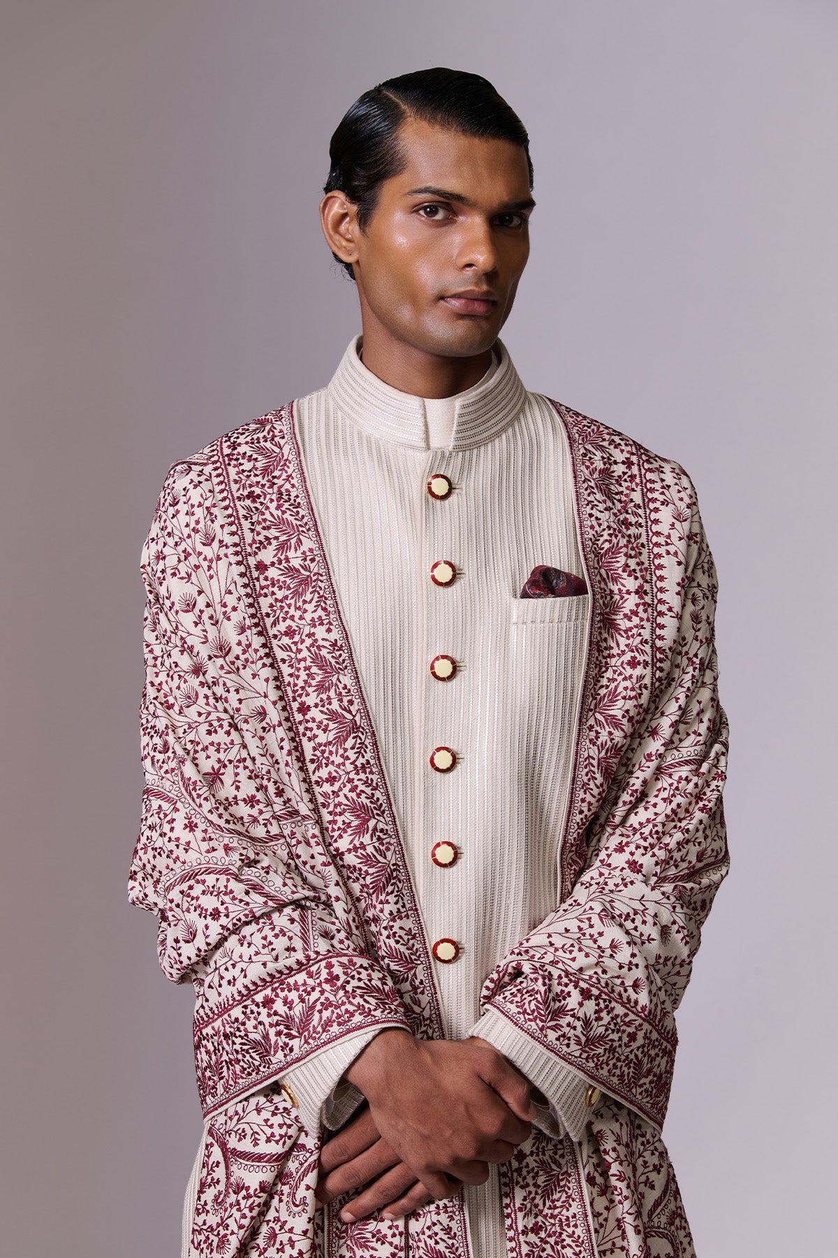 White Opal Leather Stripe Sherwani Set