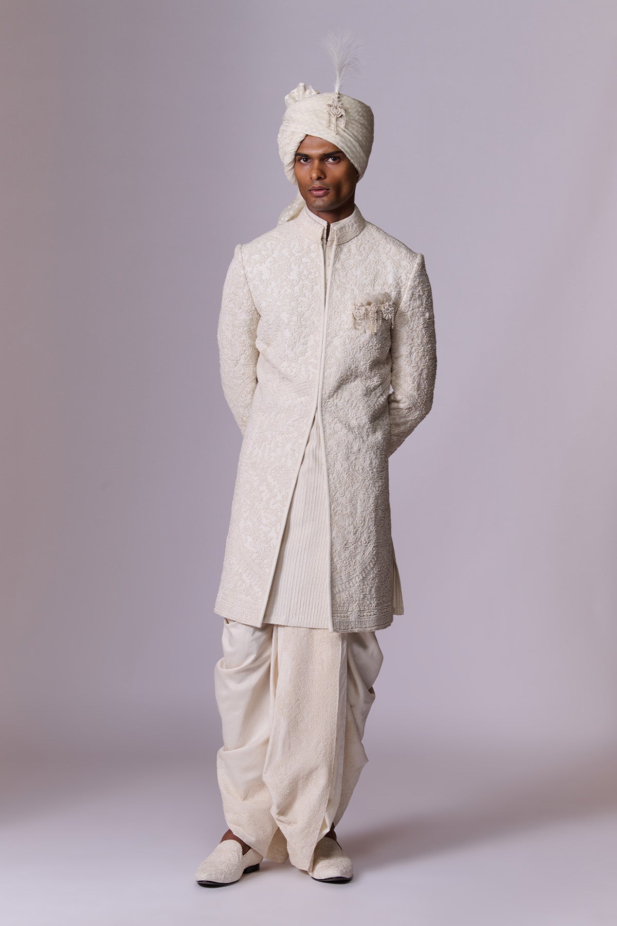 Ivory Embroidered Sherwani Set with Stole