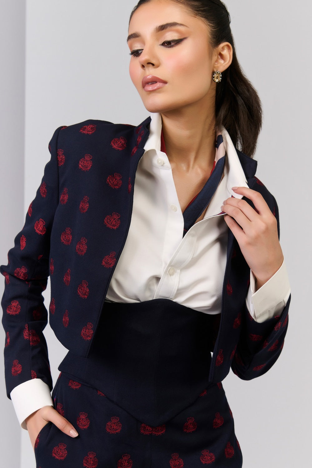 Navy crested embroidered Cropped Jacket