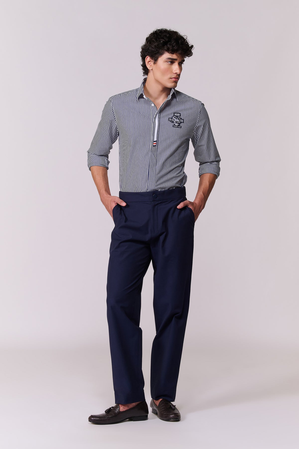 SNCC Navy Striped Shirt with Contrasting Placket