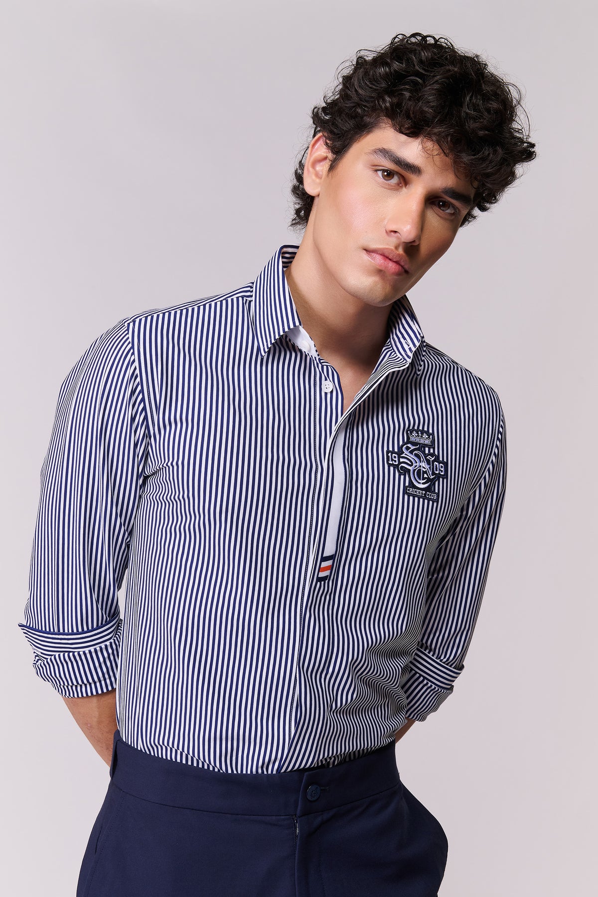 SNCC Navy Striped Shirt with Contrasting Placket