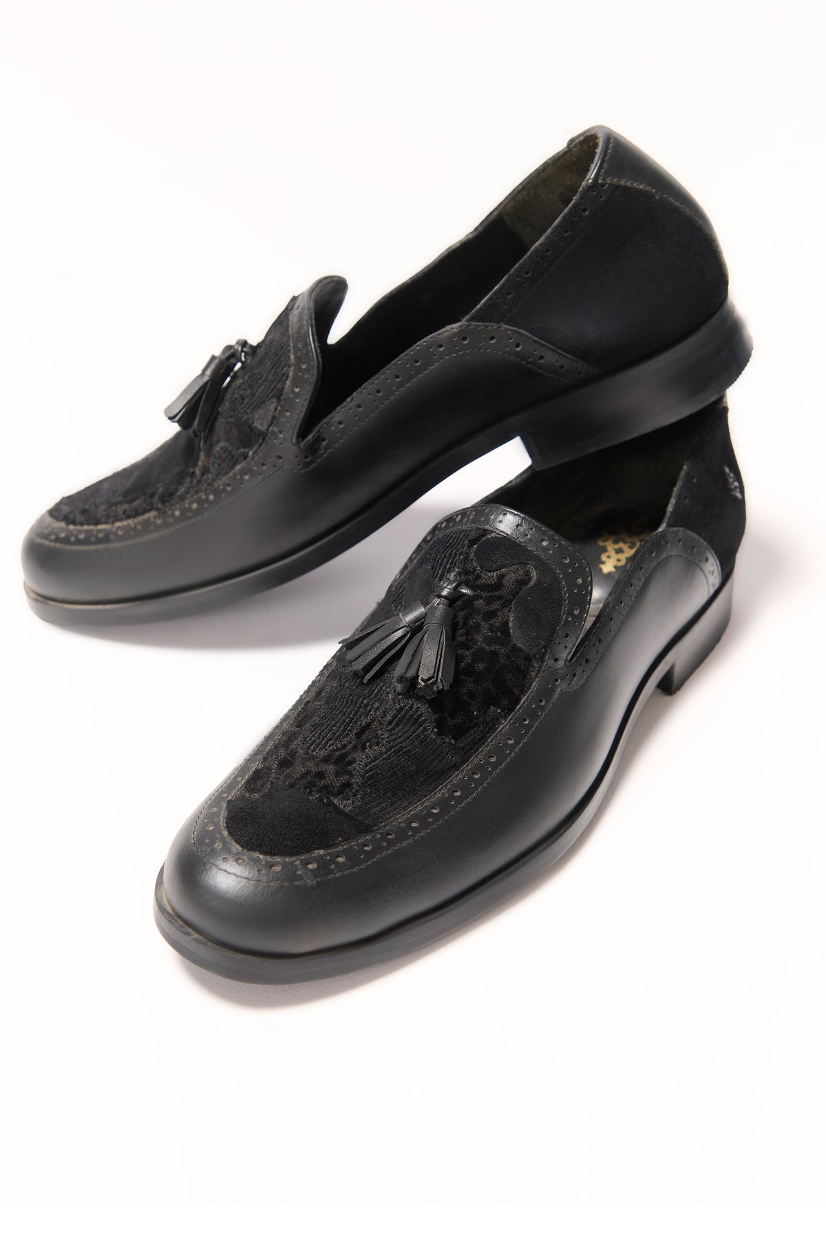 Black Textured Tassel Loafers