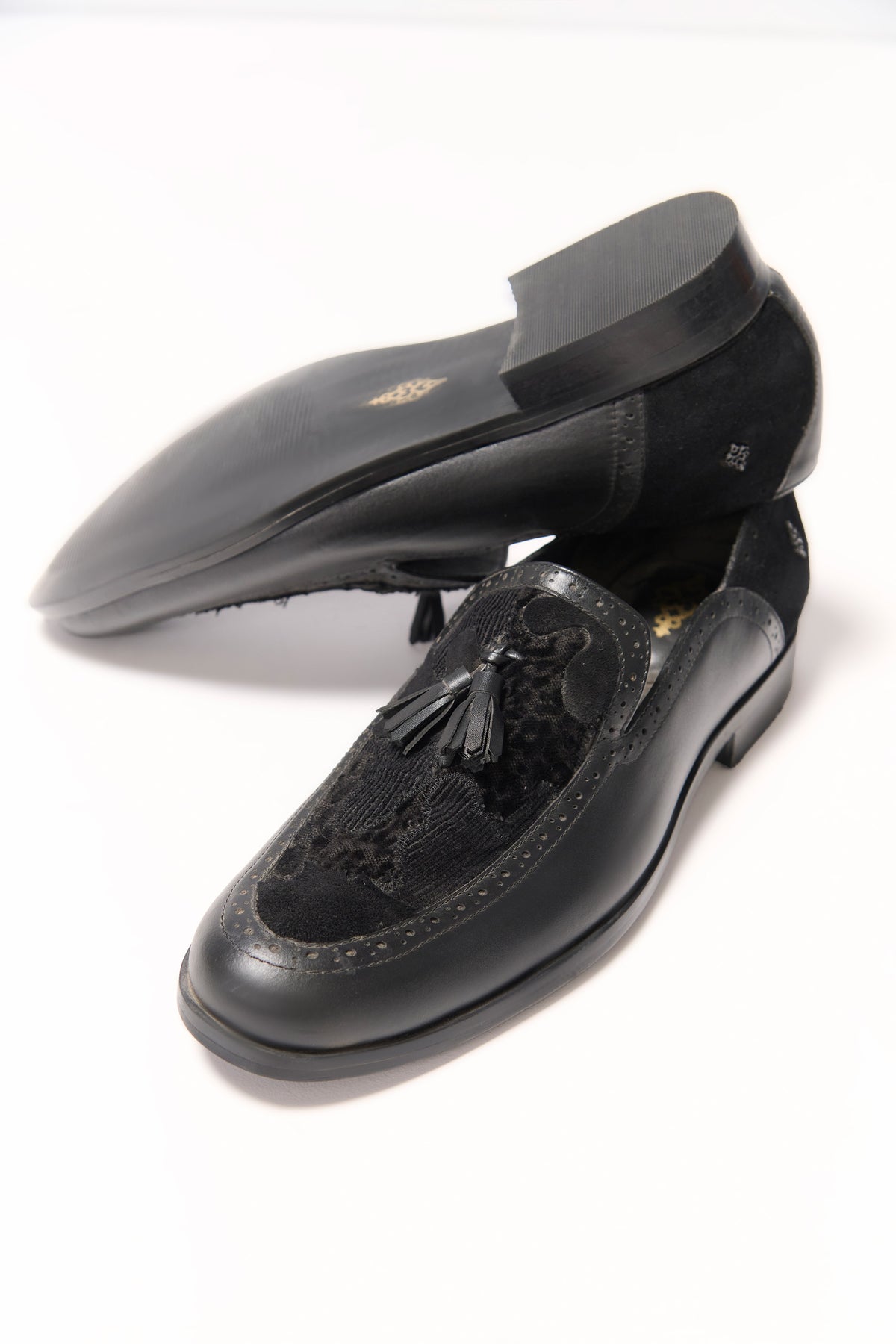 Black Textured Tassel Loafers