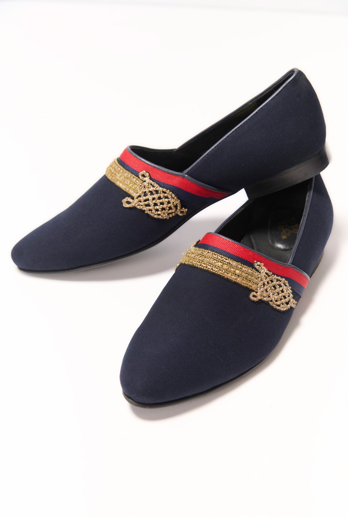 Navy Gold Motif Loafers