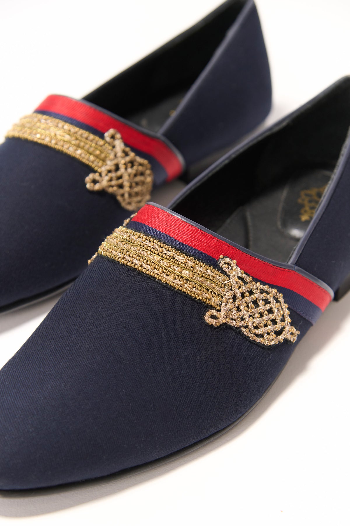 Navy Gold Motif Loafers