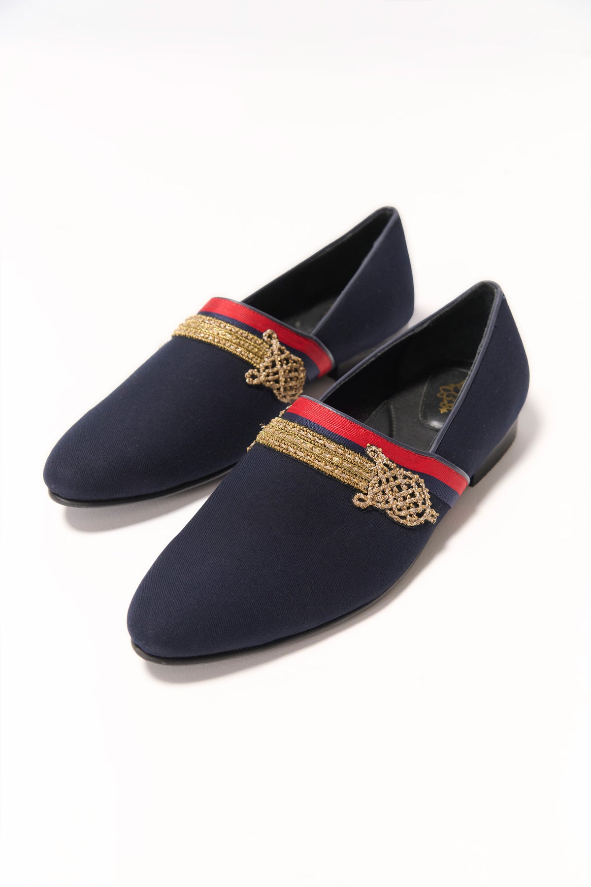 Navy Gold Motif Loafers