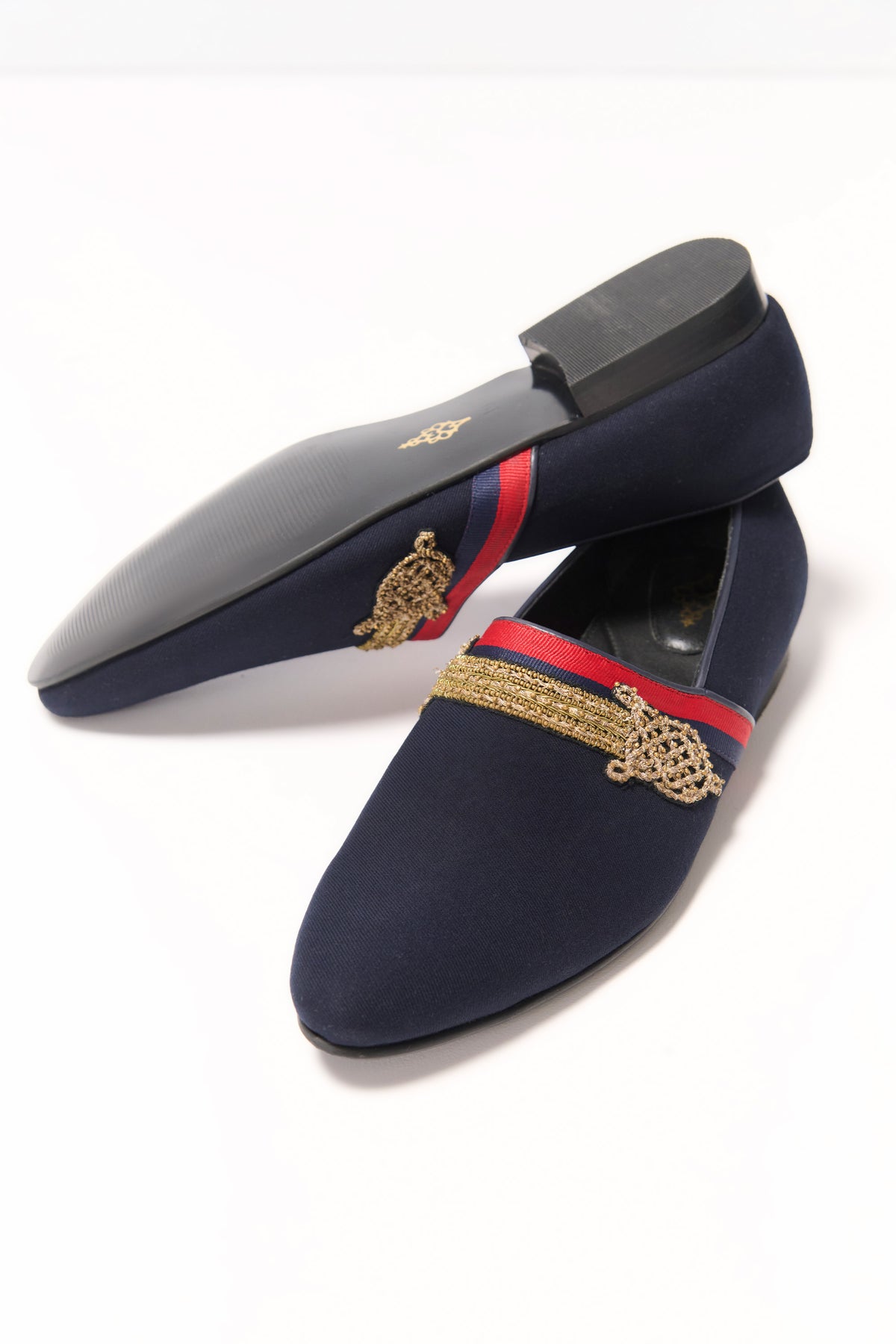 Navy Gold Motif Loafers