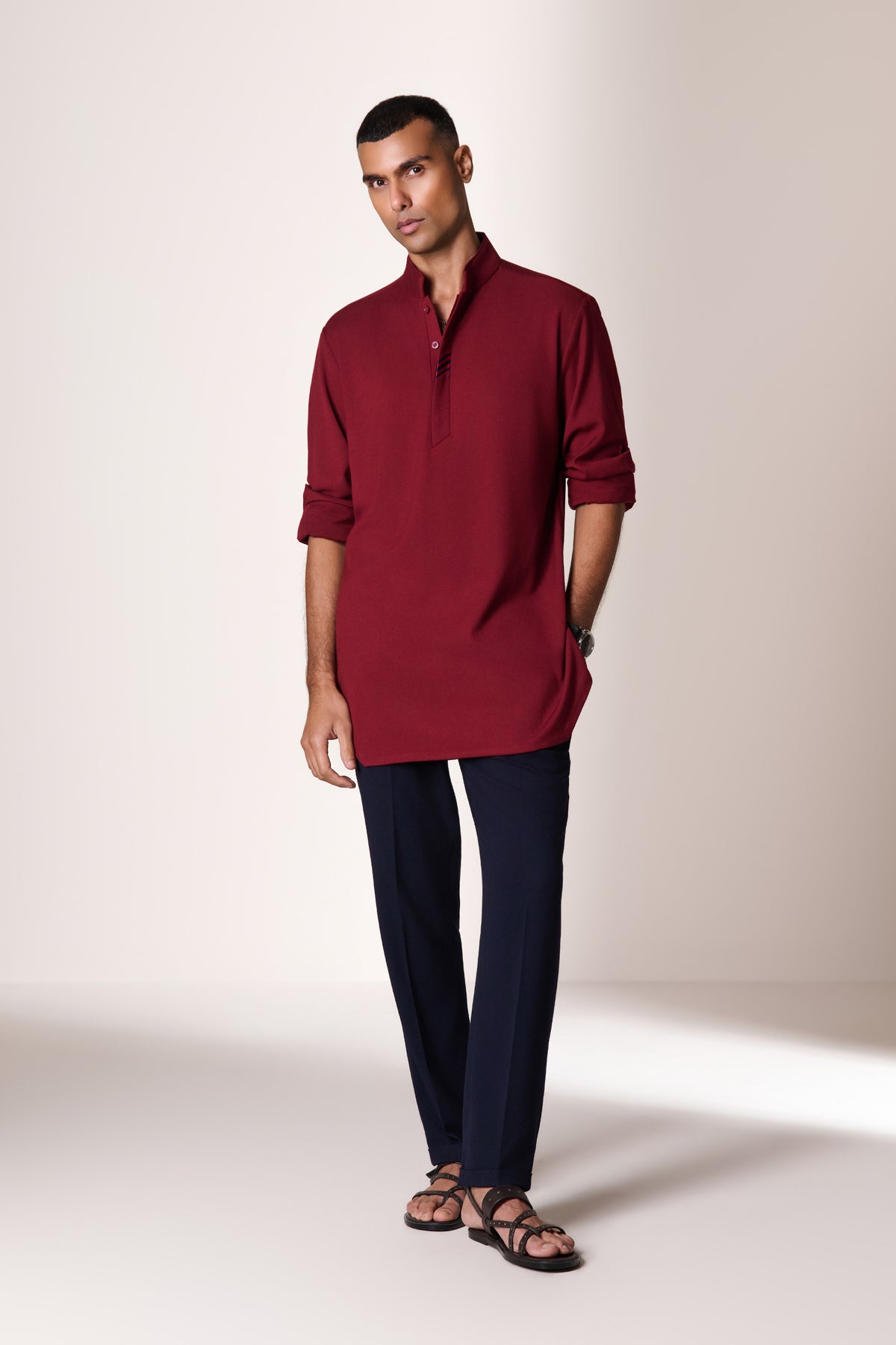 Cherry Kurta with Navy Tape Detail