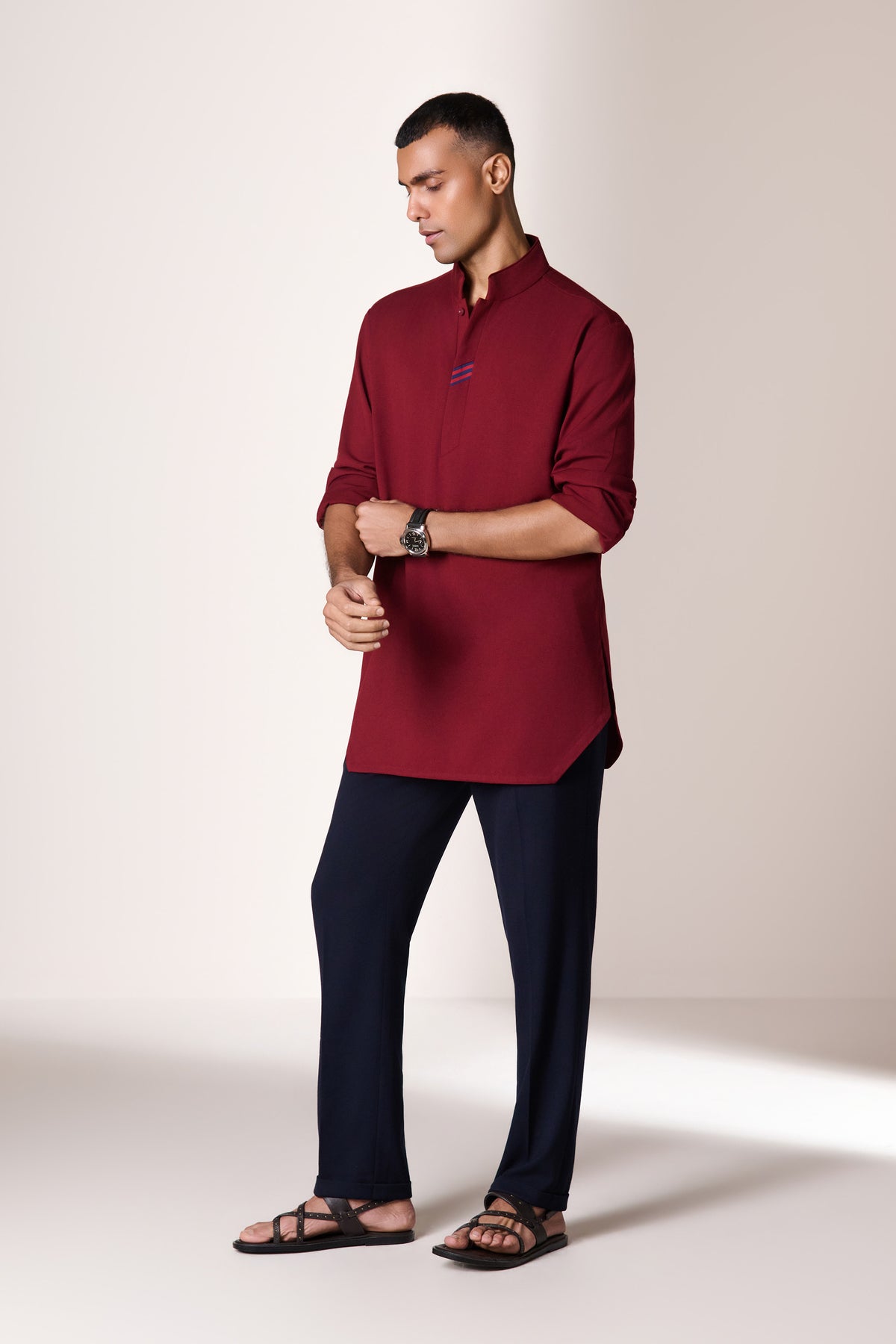 Cherry Kurta with Navy Tape Detail