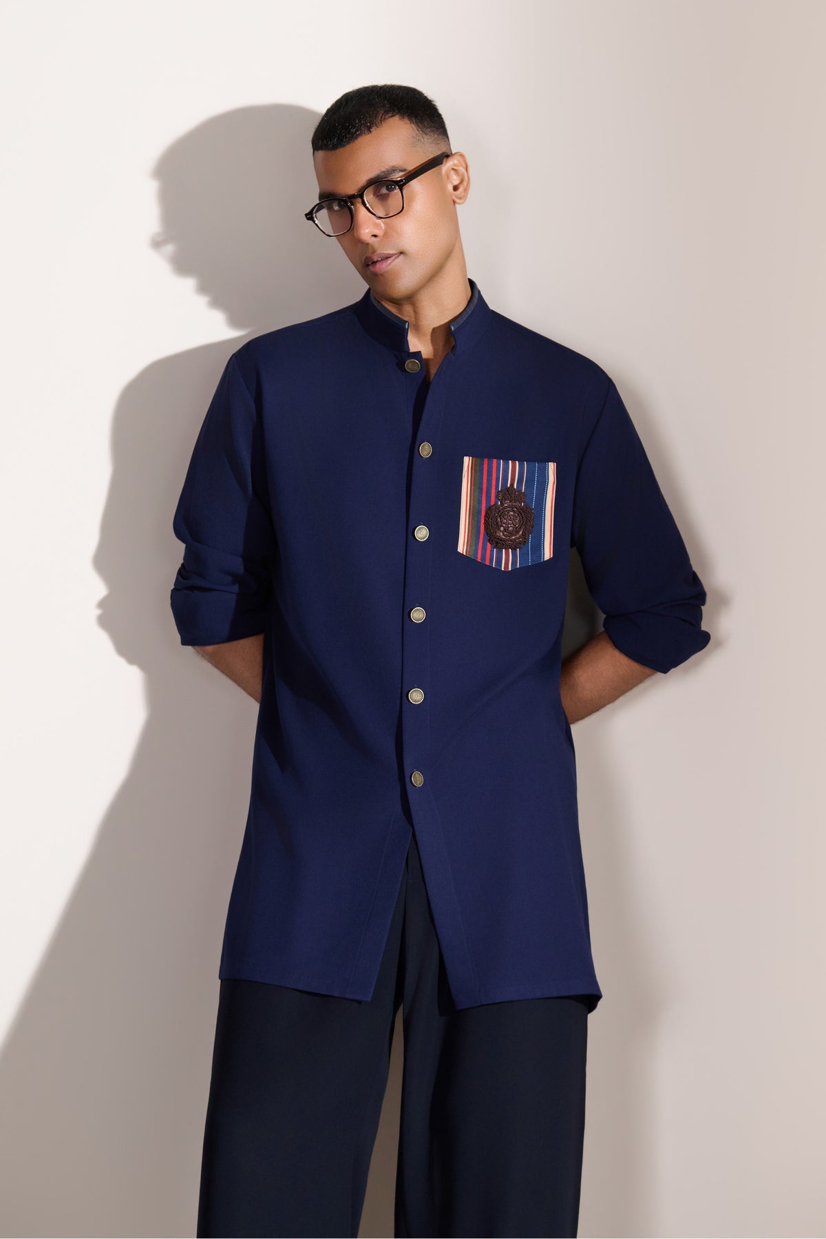 Navy Crest Stripe Pocket Kurta