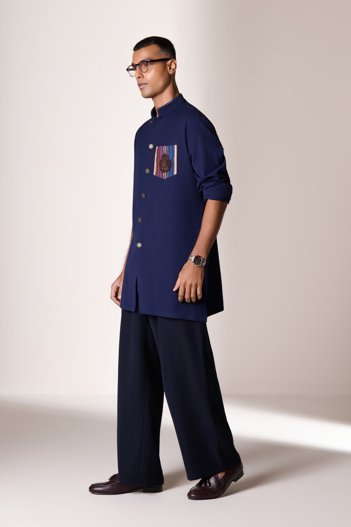Navy Crest Stripe Pocket Kurta
