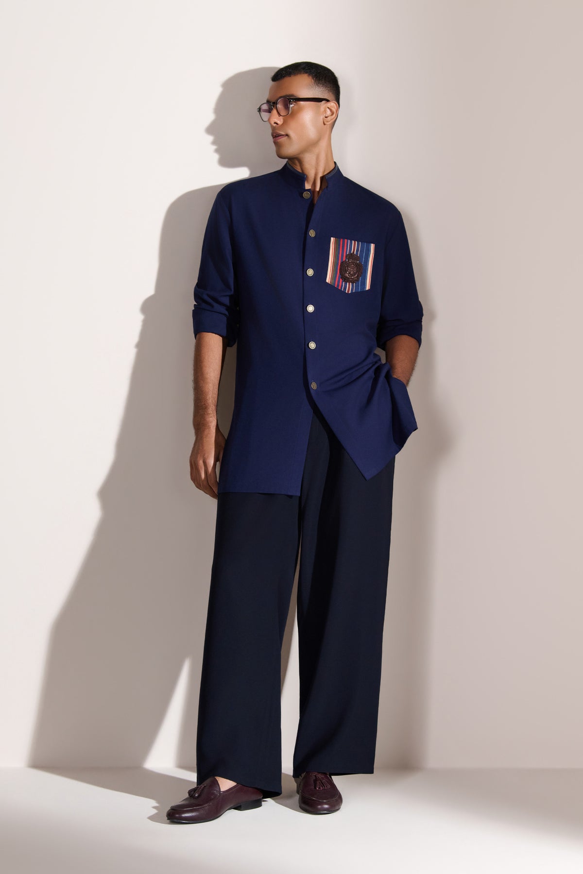Navy Crest Stripe Pocket Kurta