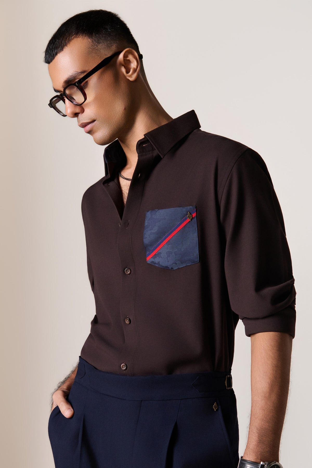 Brown Printed Pocket Detail Shirt
