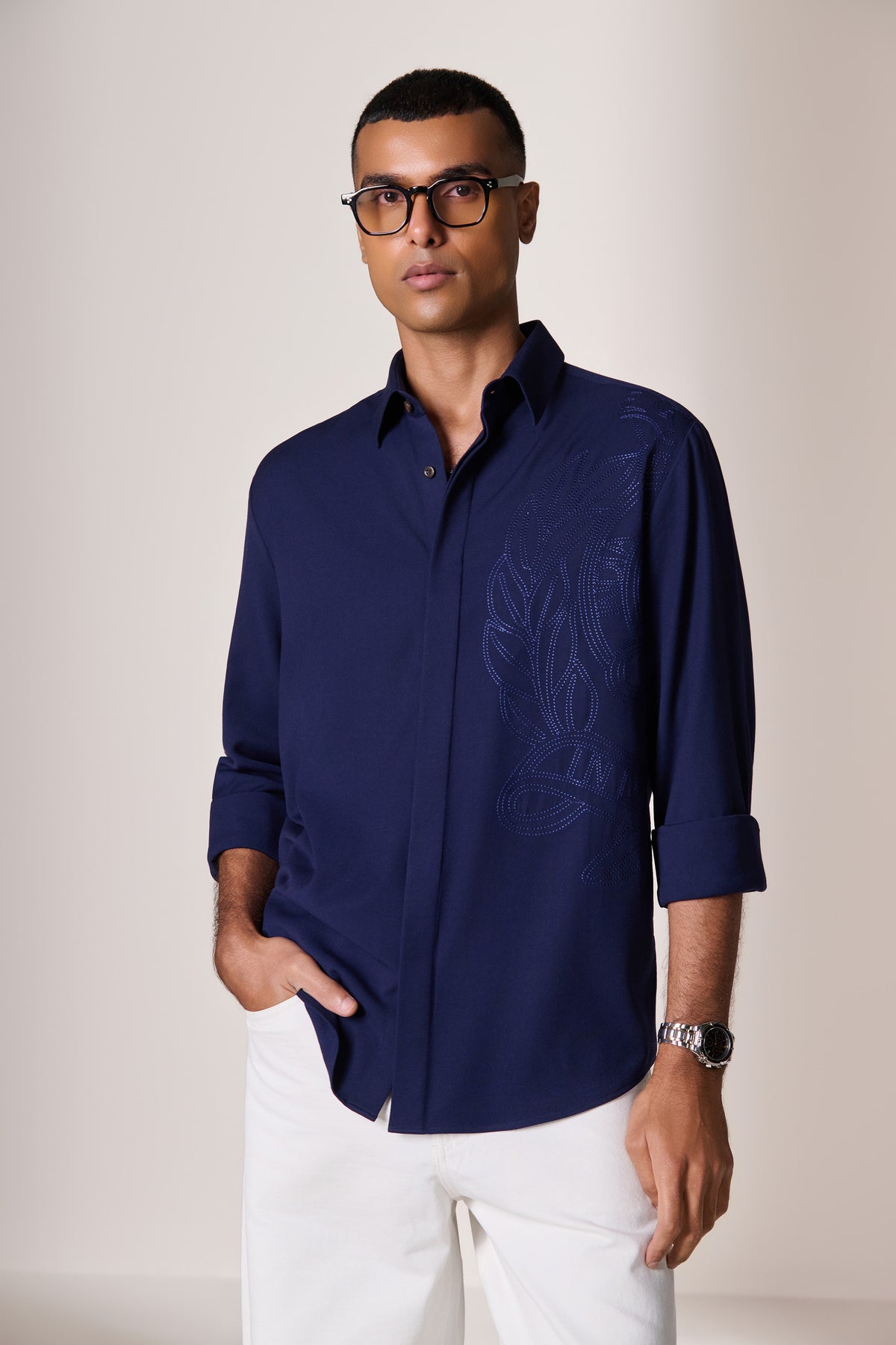 Navy Crest Embroidered Shirt