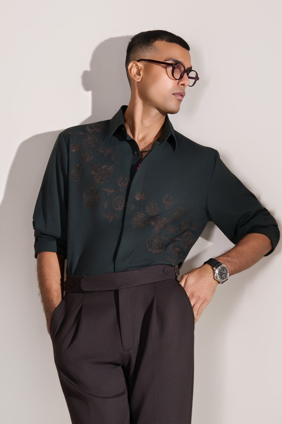 Military Green Crest Embroidered Shirt