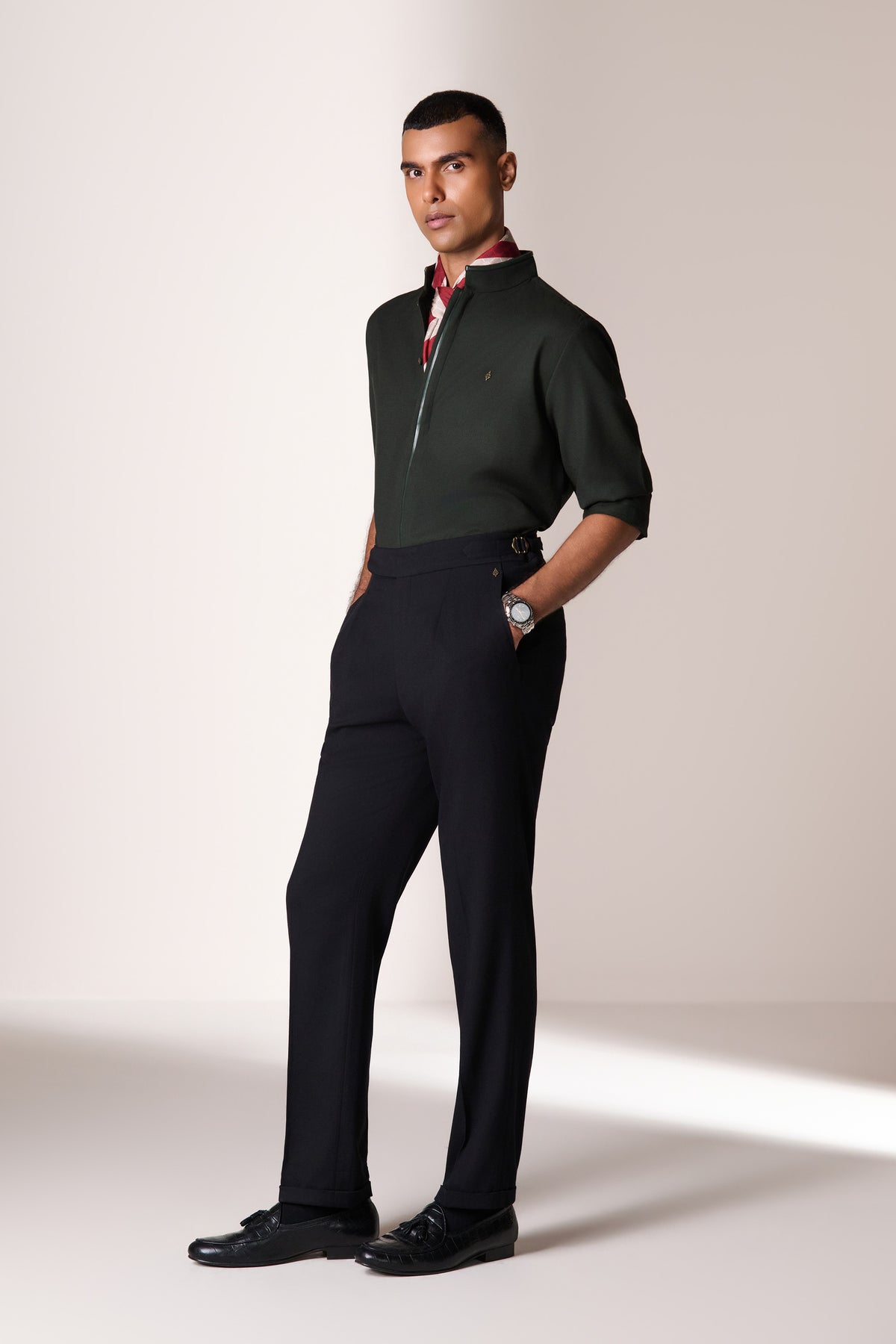 Military Green Leather Placket Shirt