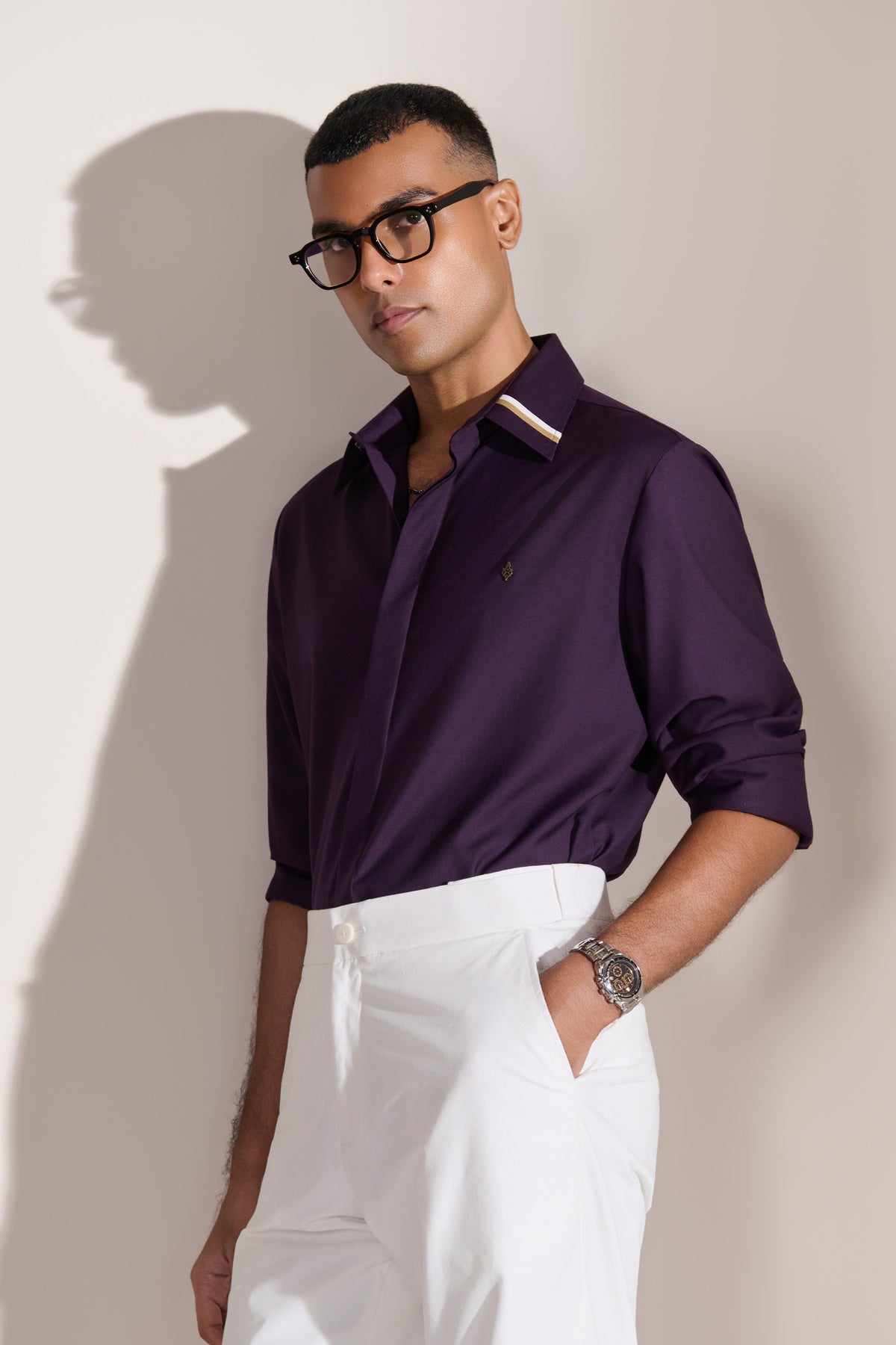 Plum Adamas Collar Leather Detail Shirt