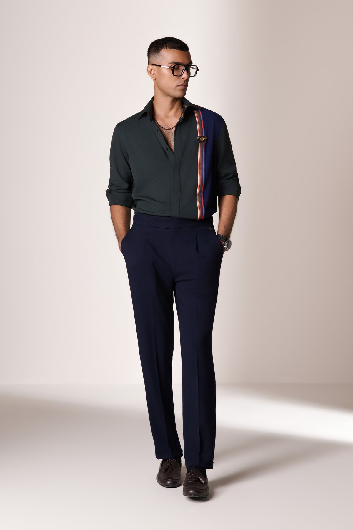 Navy Single Pleat Buckle Trousers