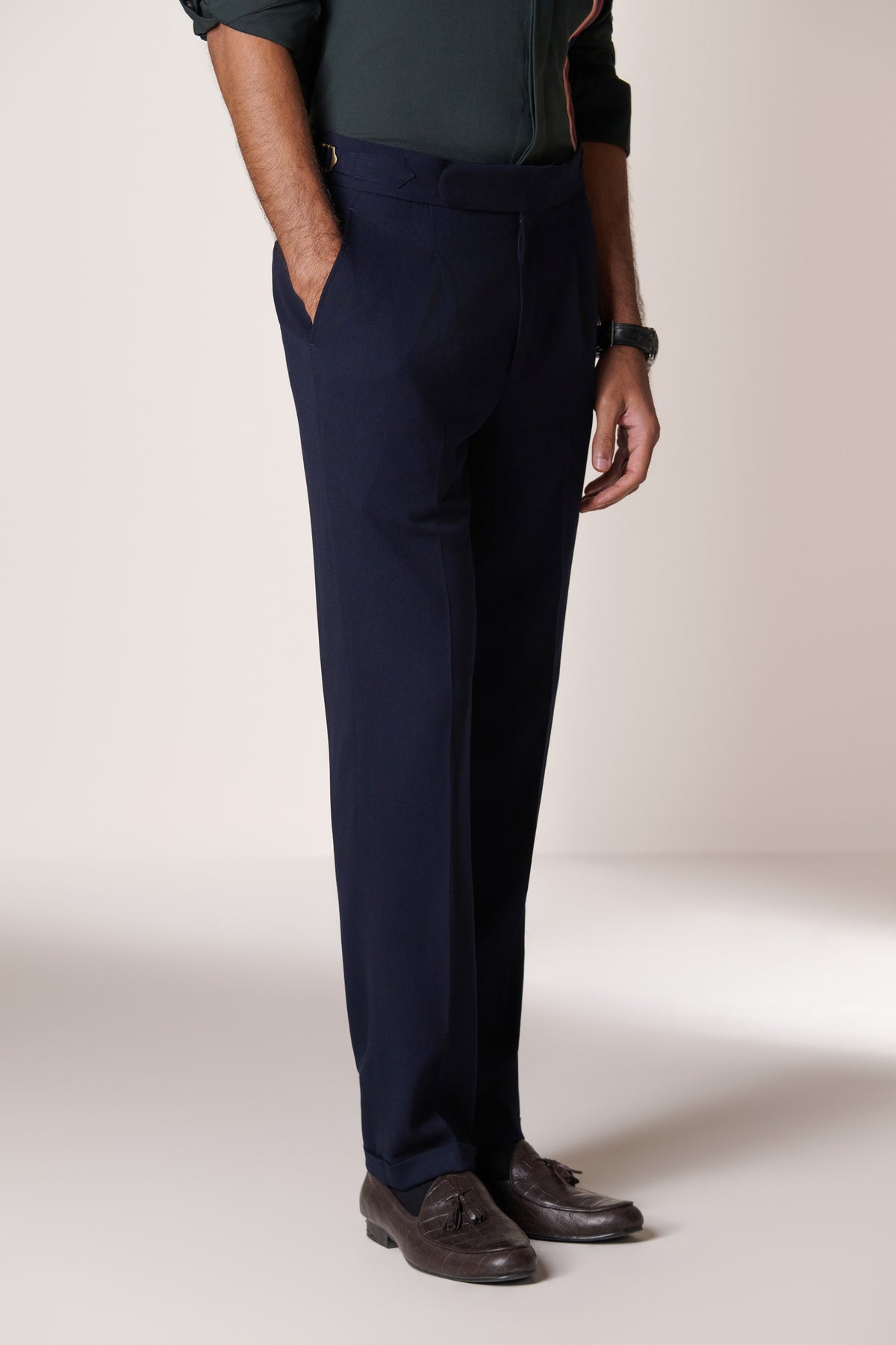 Navy Single Pleat Buckle Trousers